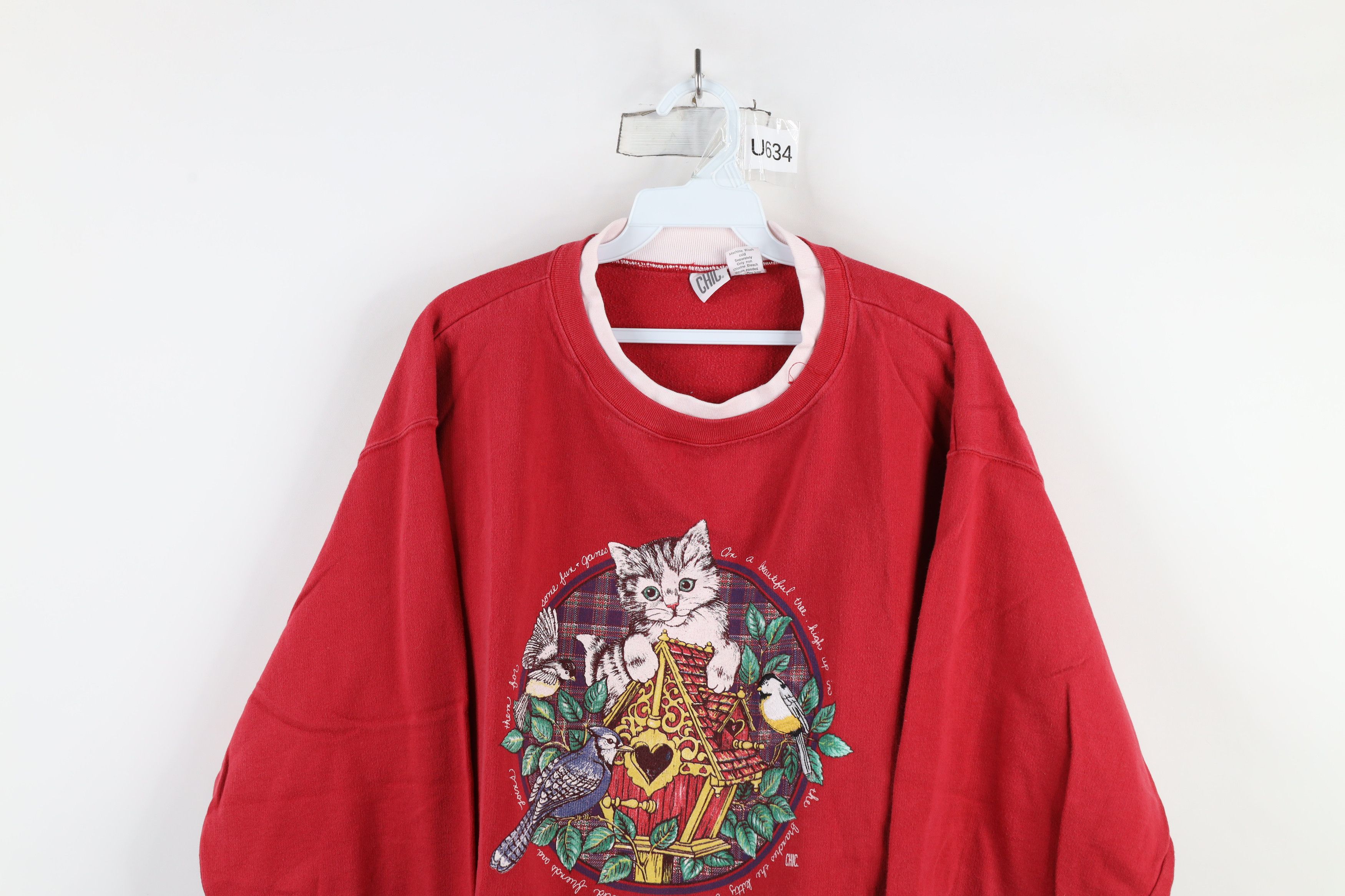 Vintage Vintage 90s Streetwear Kitten Bird Layered Sweatshirt Red Size 3XL / US 20-22 - 2 Thumbnail