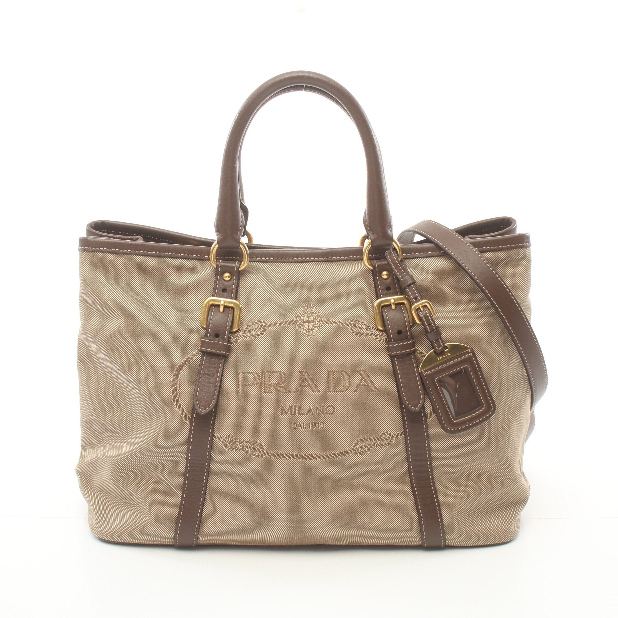 Prada Prada Logo Jacquard Handbag Tote Bag Canvas Leather Khaki Beige Brown Size ONE SIZE - 1 Thumbnail