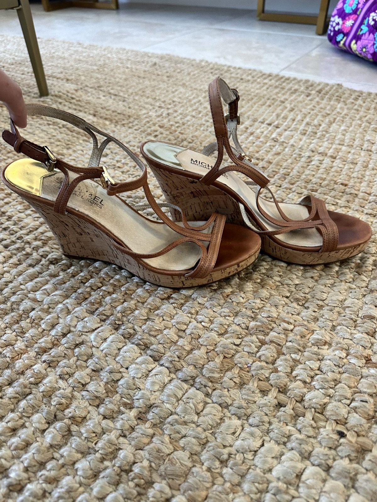 Michael Kors MICHAEL KORS CICELY GOLD MK CHARM TAN STRAPPY CORK WEDGES Size US 9.5 / IT 39.5 - 2 Thumbnail
