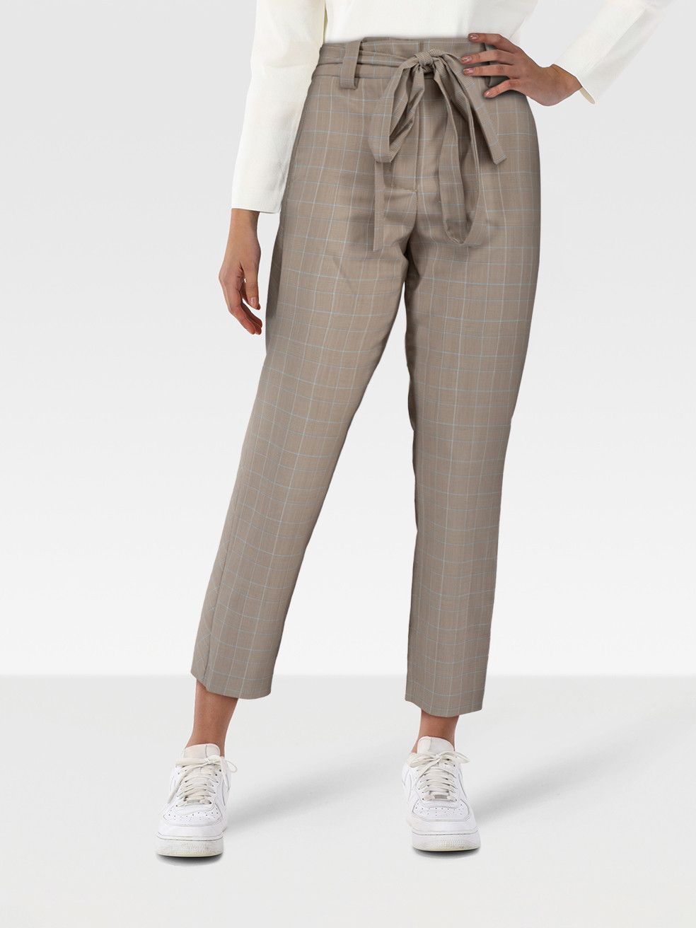 Maje Beige Checked Tie Waist Trousers Size 25" / US 0 / IT 36 - 1 Thumbnail