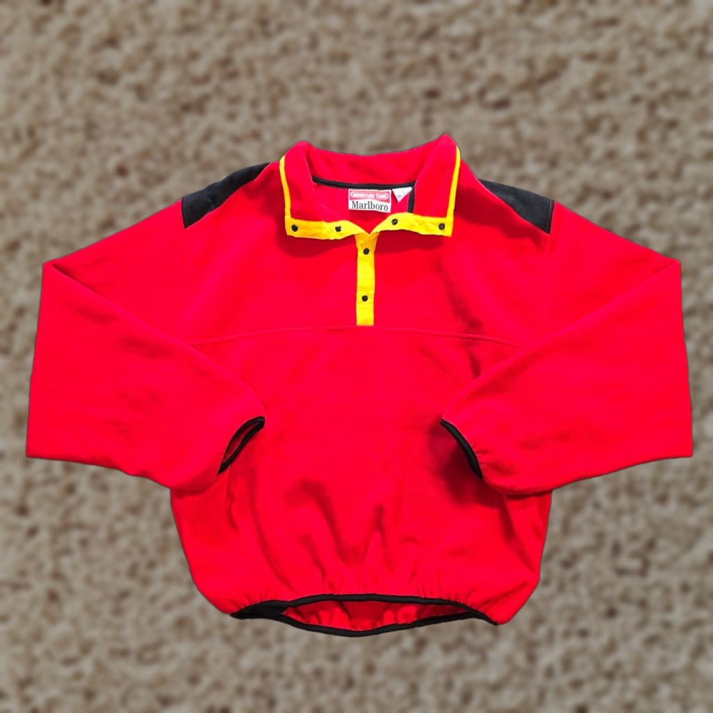 VINTAGE Marlboro Sweater Mens Large Red Fleece Snap Collar Casual Outdoors