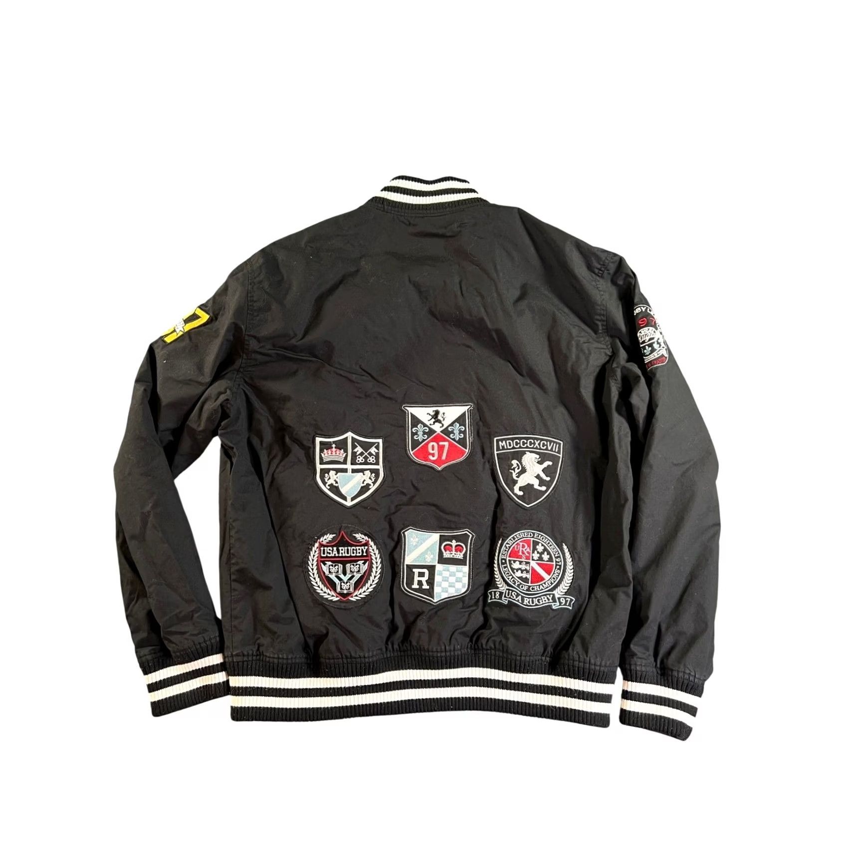 Vintage USA Rugby Varsity Bomber Jacket Mens 3XL Black Patchwork Snap Front Collegiate Size US XXL / EU 58 / 5 - 2 Thumbnail