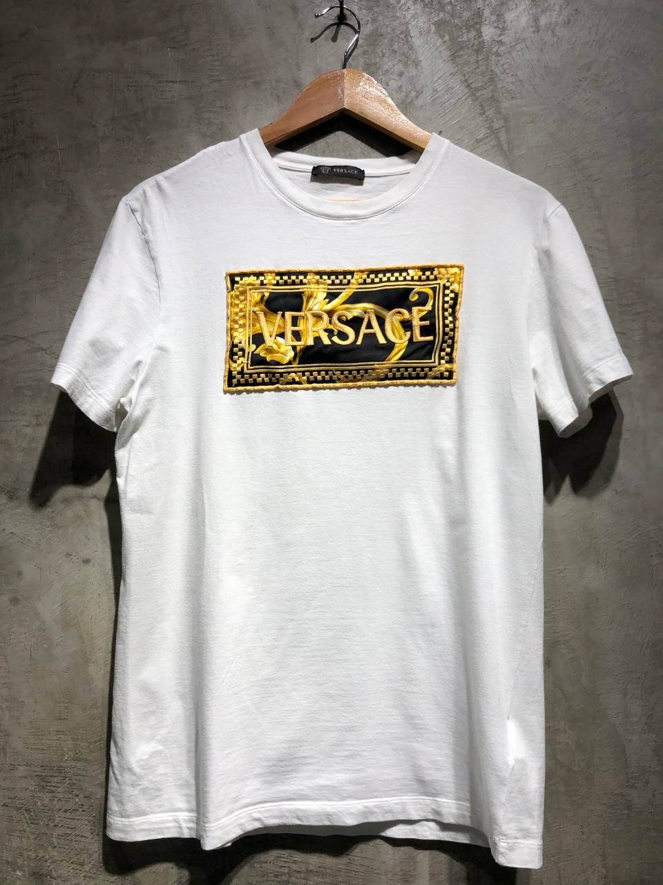 image of Versace Box Logo Embroidered Tee in White, Men's (Size Small)