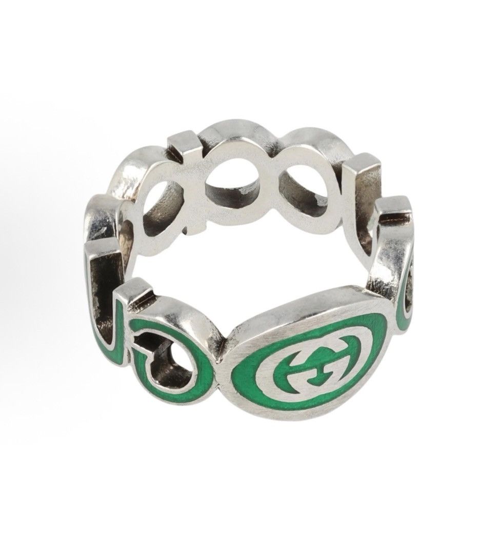 Gucci Interlocking G Sterling Silver Green Enamel Cut-Out Ring Size ONE SIZE - 1 Thumbnail
