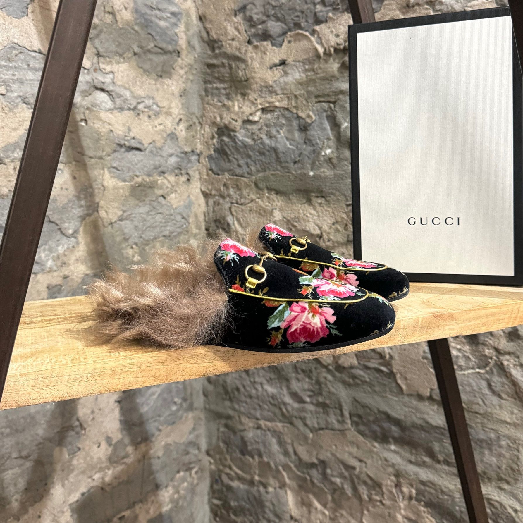 image of Gucci Black Velvet Floral Print Princetown Fur Lined Mule Shoess Shoes, Women's (Size 8)