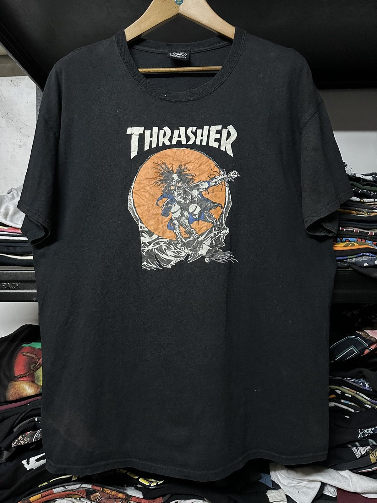 image of Skategang x Thrasher Vintage Thrasher Pushead Skateboard Sun Faded Tee in Black, Men's (Size XL)