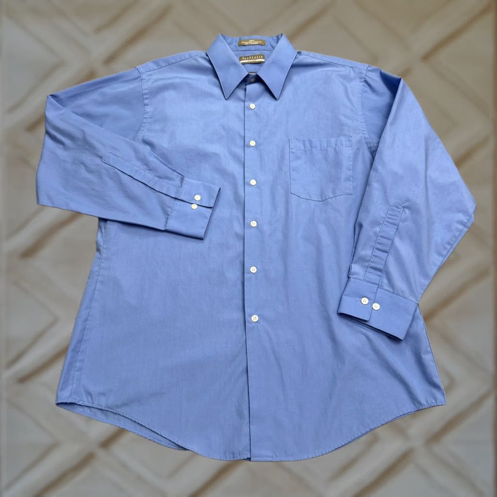 Van Heusen Van Heusen Dress Shirt Shirt Mens 16.5 32/33 Blue Cotton Regular Non-Iron Wrinkle Resistant Button Cuff Barrell Trim Vintage No Size 46R - 1 Thumbnail