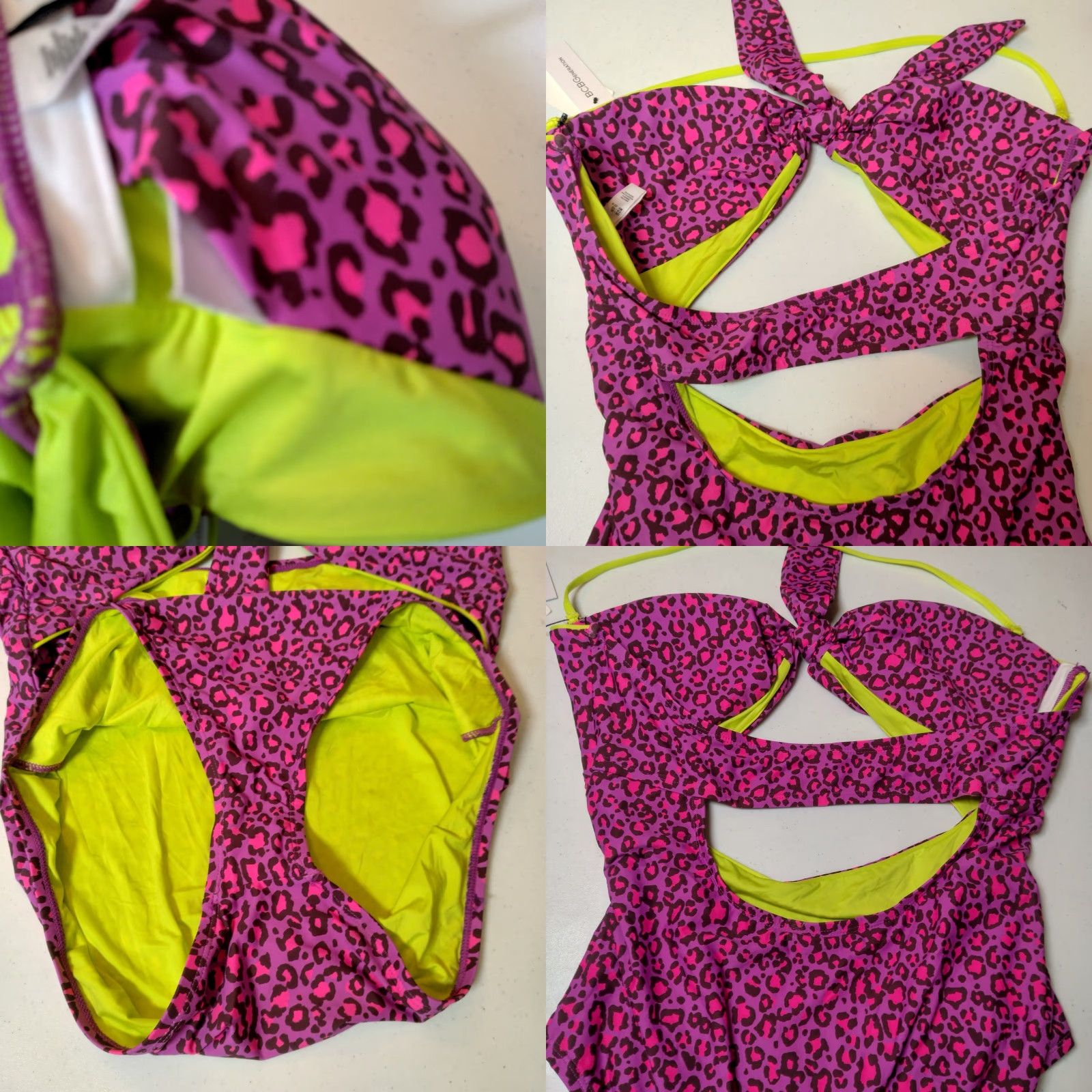 BCBGeneration BCBGGeneration Bathing Suit One Piece XL Purple Cat Print Neon Bandeau Size XL / US 12-14 / IT 48-50 - 9 Thumbnail
