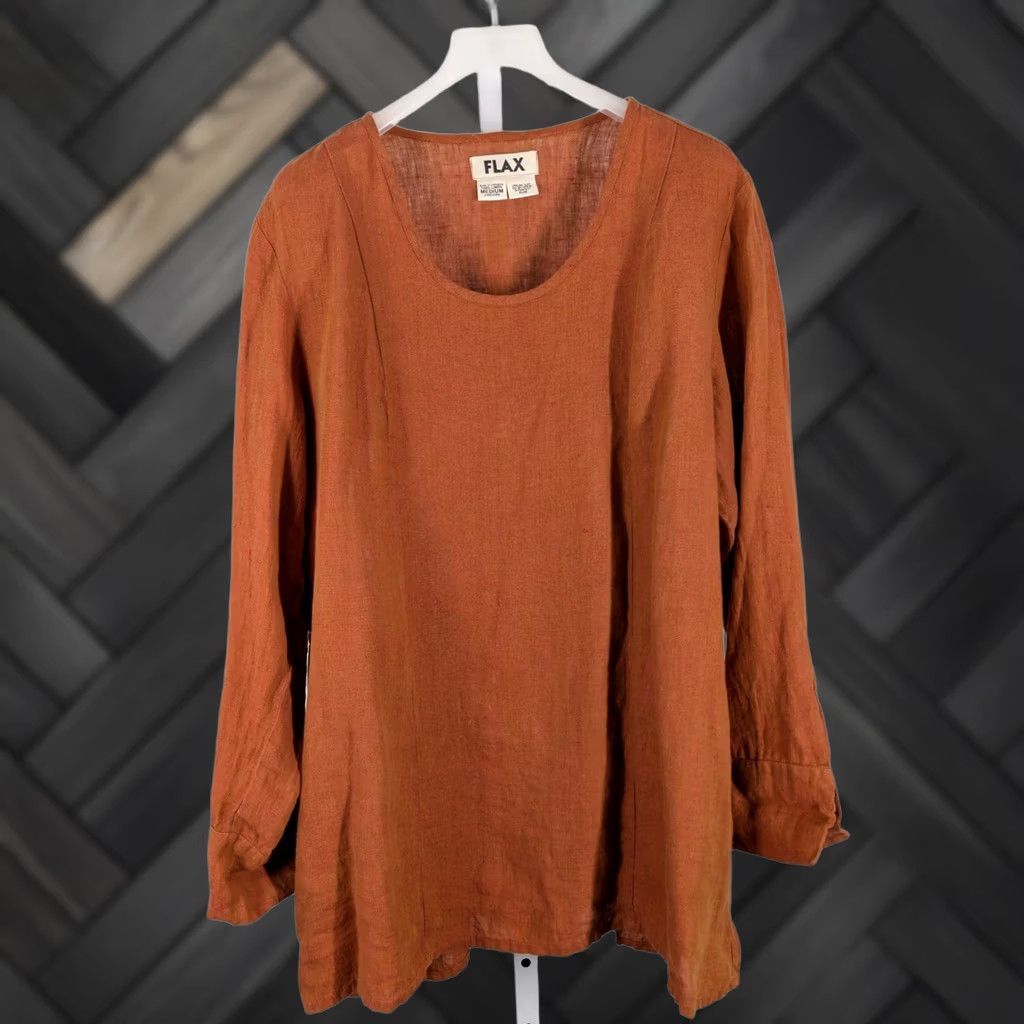 FLAX VINTAGE FLAX Tunic Women M RS Orange 100% Linen Long Sleeve Lagenlook Lithuania Flax Burnt Rust 100% Linen Tunic Top Size M / US 6-8 / IT 42-44 - 1 Thumbnail