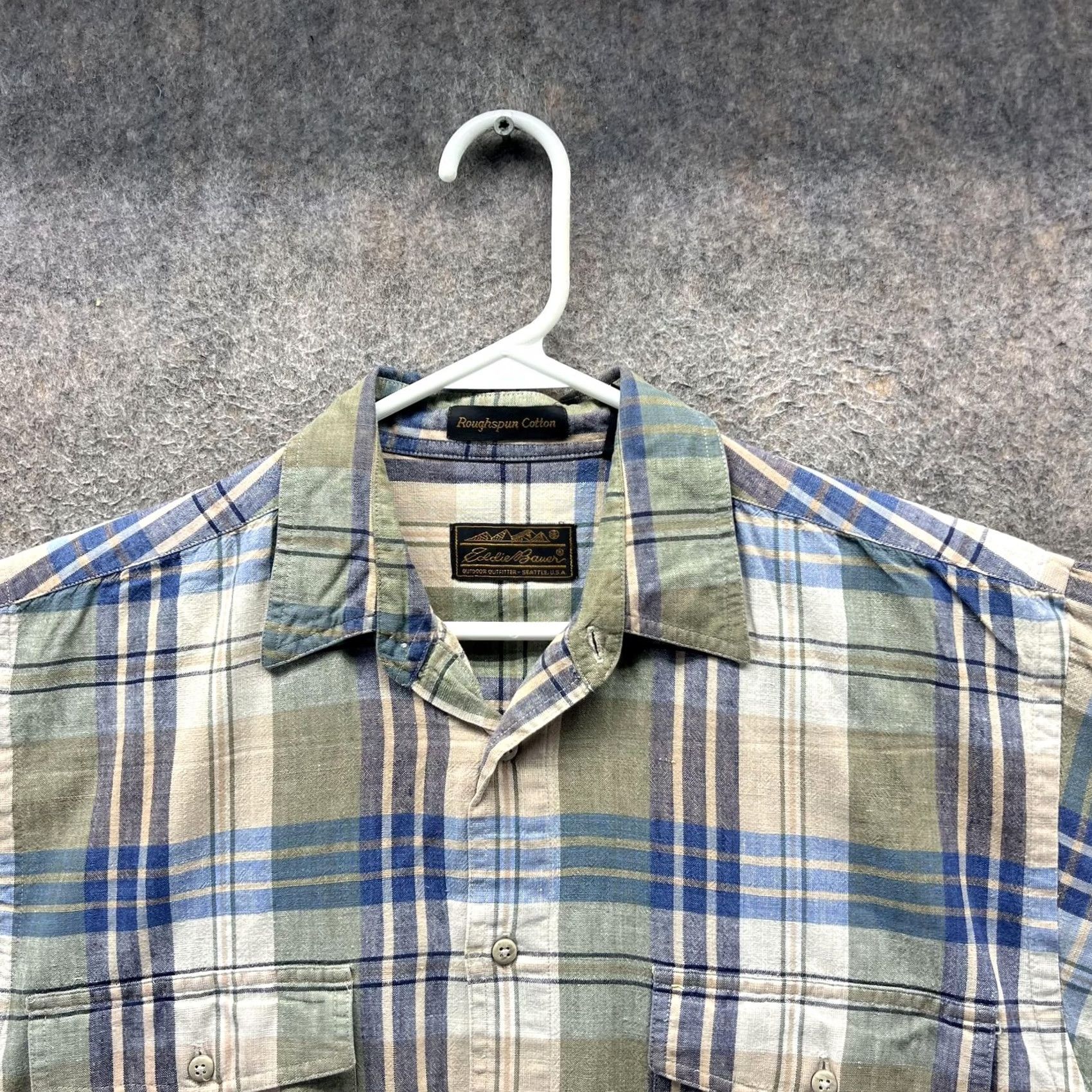 Eddie Bauer VINTAGE Eddie Bauer Shirt Mens M Green Blue Plaid Roughspun Cotton Short Sleeve Size US M / EU 48-50 / 2 - 5 Thumbnail