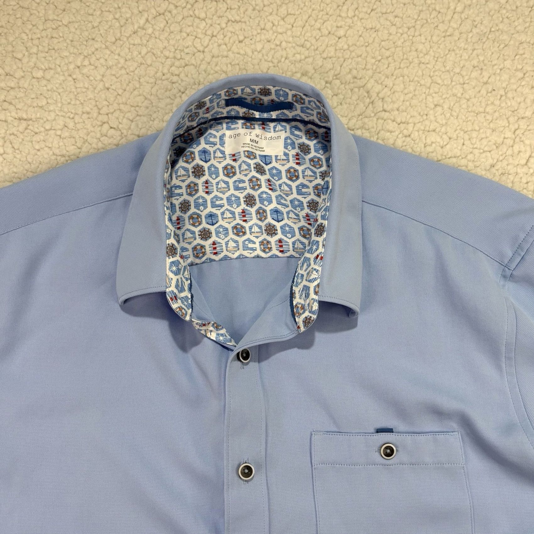 Vintage Age Of Wisdom Shirt Mens Medium Light Blue Button Up Pocket Performance Stretch Size US M / EU 48-50 / 2 - 3 Thumbnail