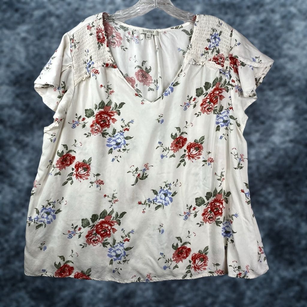 Vintage Angels Forever Young Top Women 2X Cream Floral Boho Flowy Rayon Smocked Shoulder Blouse Size XXL / US 16-18 / IT 52-54 - 1 Thumbnail