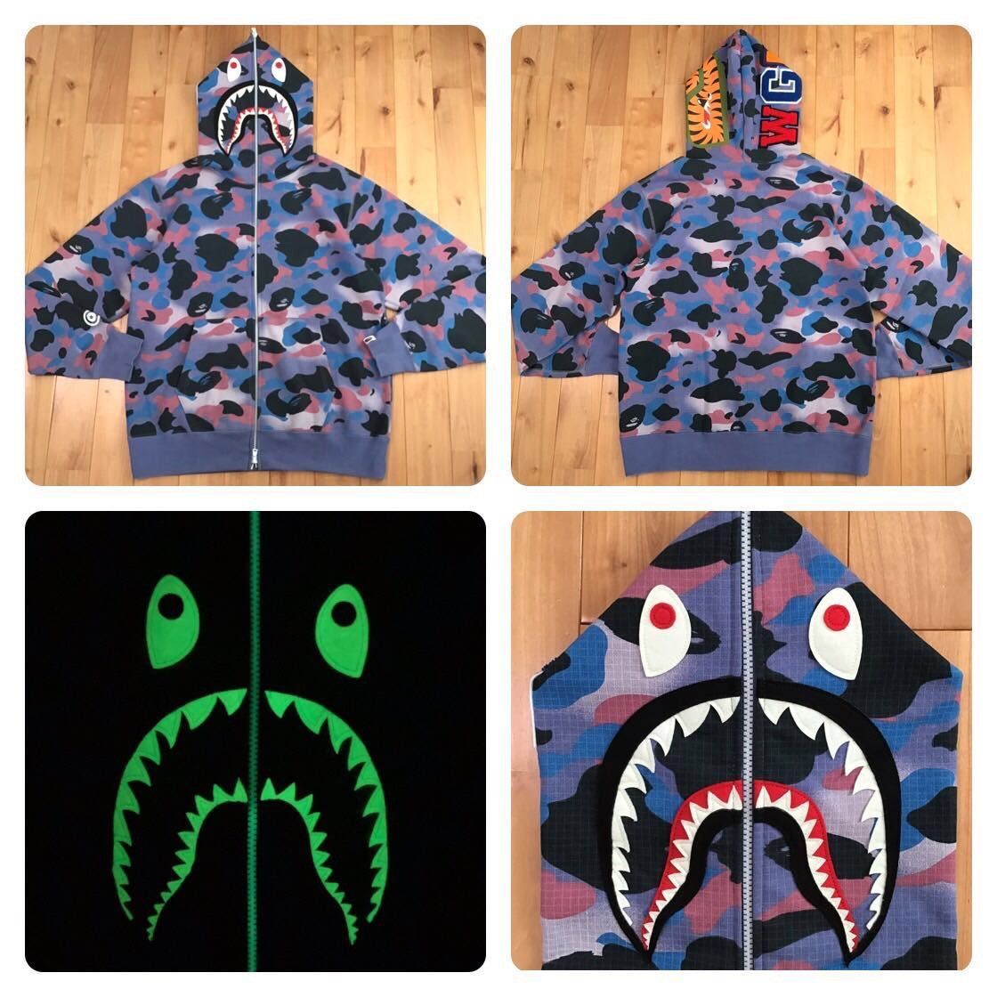 image of Glow In The Dark Grid Camo Shark Full Zip Hoodie Bape Ape in Purple, Men's (Size Large)