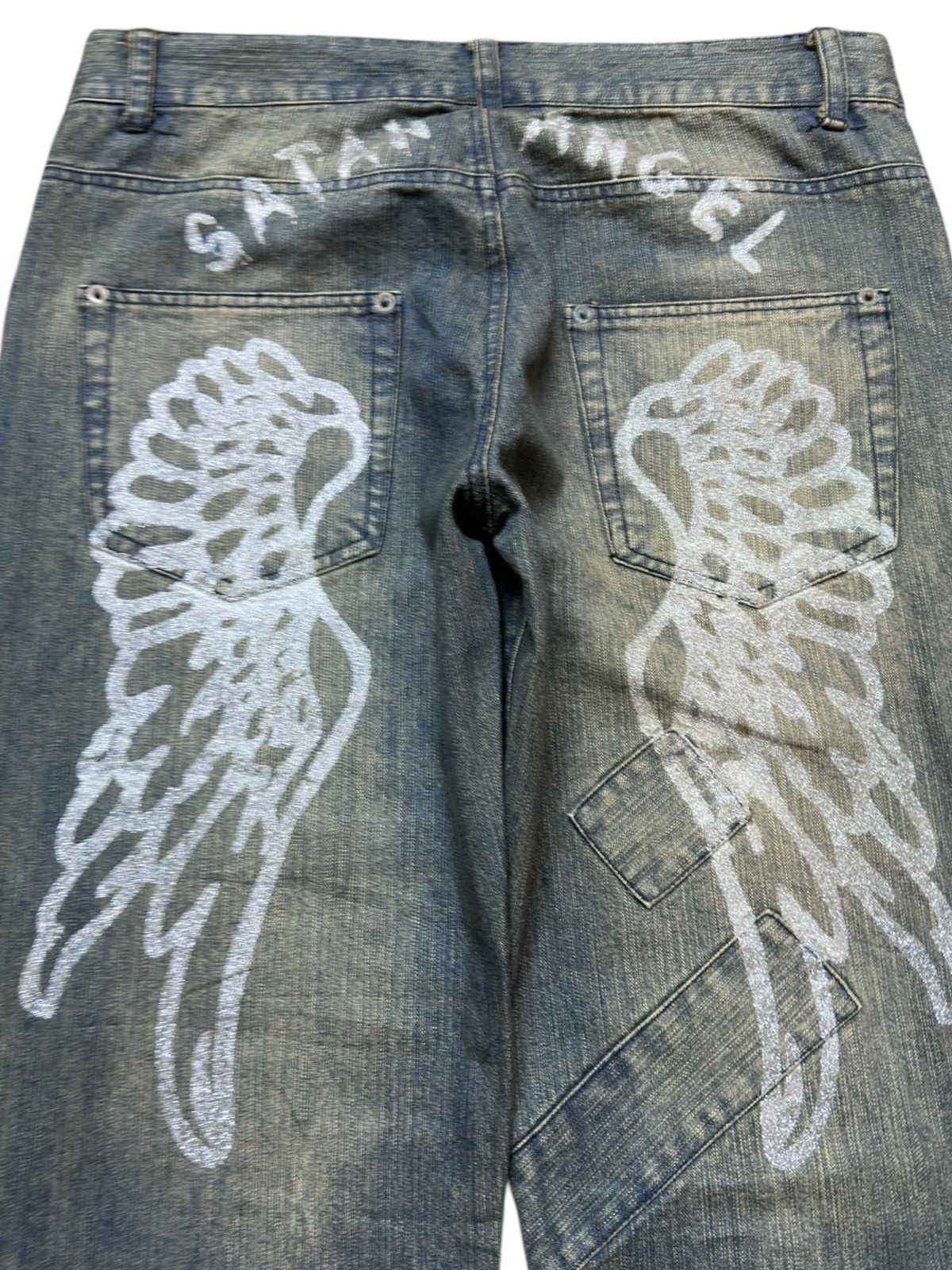 If Six Was Nine Vintage Lav Flare Satan Angel Printed Mudwash Denim Size US 33 - 8 Thumbnail