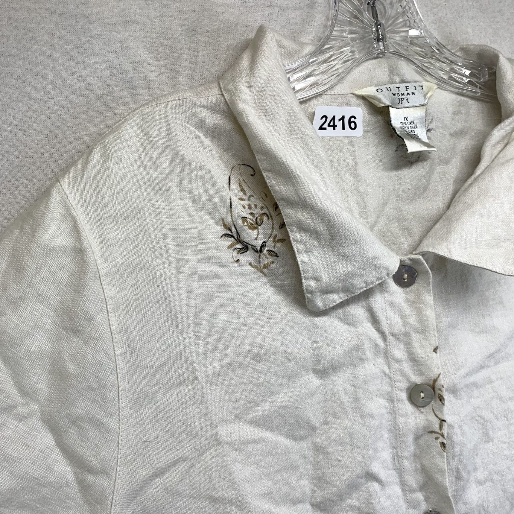 Vintage VINTAGE Outfit JPR Women’s All Linen Top Button-Up 1X Ivory Floral Paisley Pearl Button Bohemian Short Sleeve Casual Shirt Size XL / US 12-14 / IT 48-50 - 7 Thumbnail