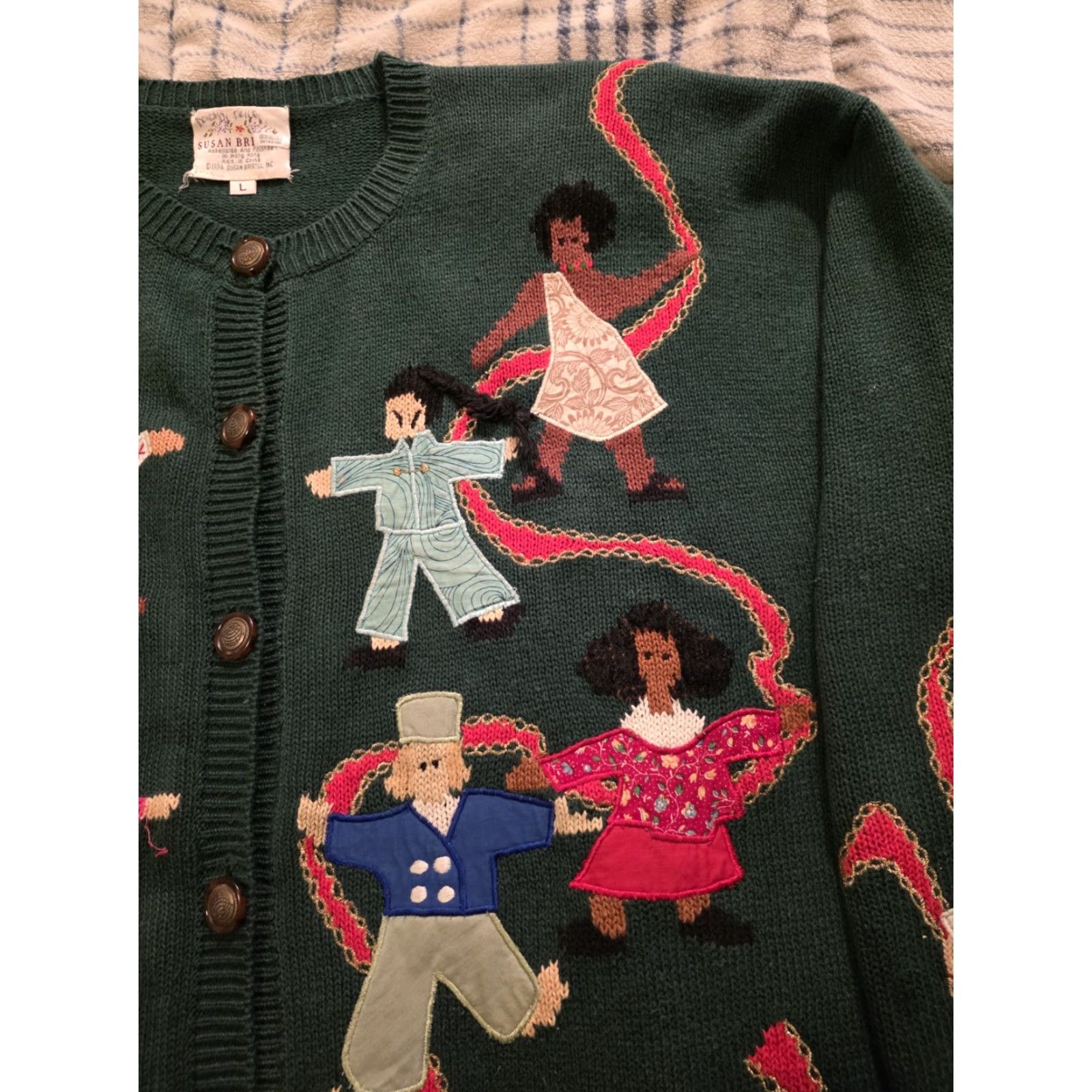 VINTAGE Susan Bristol Sweater Cardigan Women Large Green 90s Folk Art Geometric Embroidered Button Raglan Sleeve