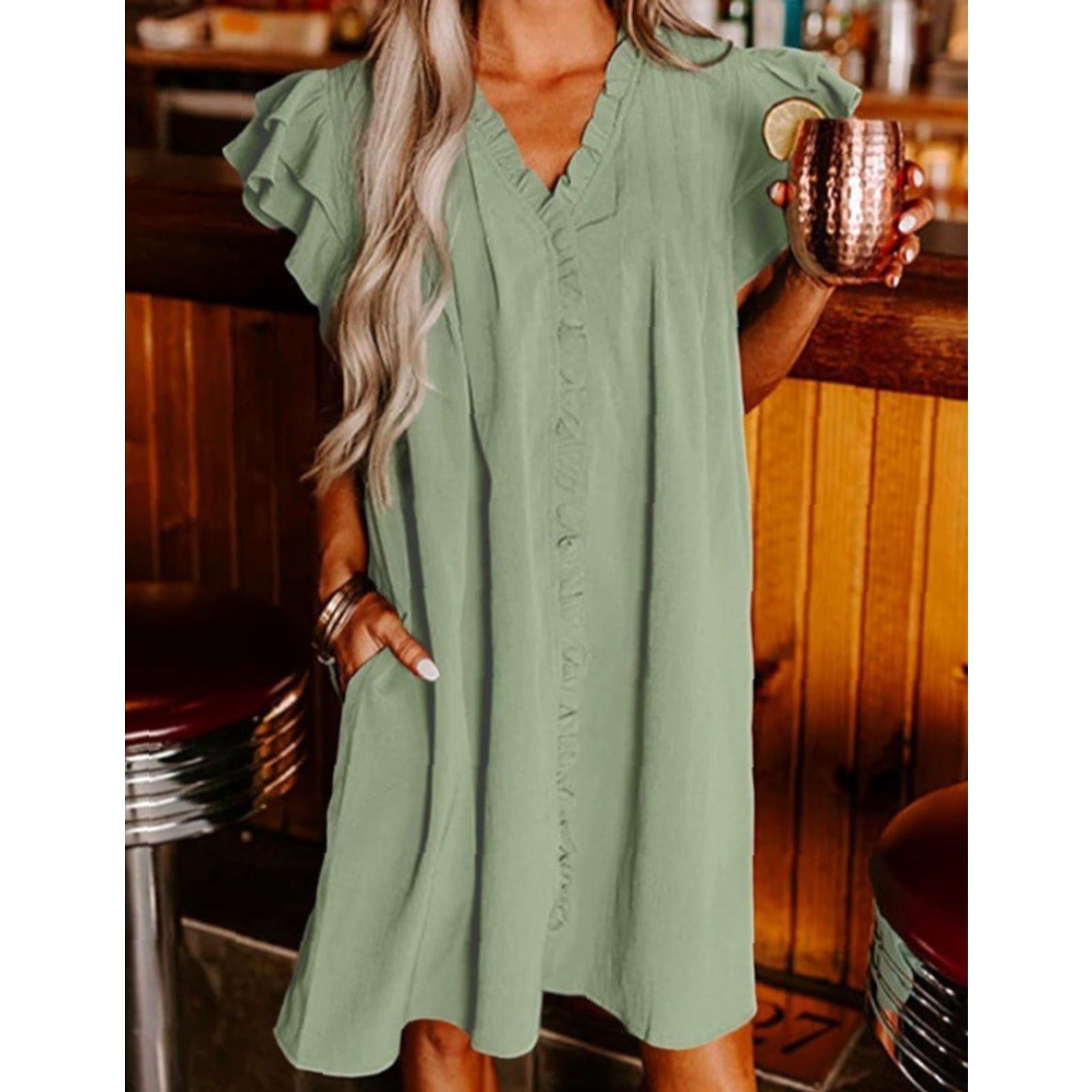 Vintage Women’s Casual Short Sleeve Ruffle Mini Dress - Green - Size S Size 28" / US 6 / IT 42 - 3 Thumbnail
