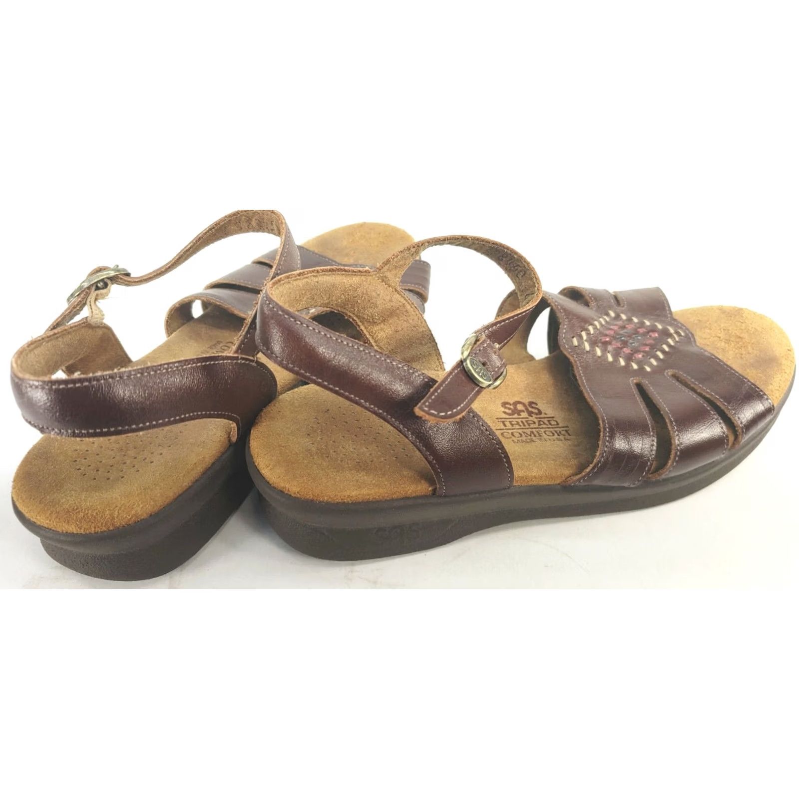 SAS SAS Sandals Brown Leather Open Toe Buckle Size 6.5W Diamond Weave Casual Comfort Women Tripad Size US 7 / IT 37 - 4 Thumbnail