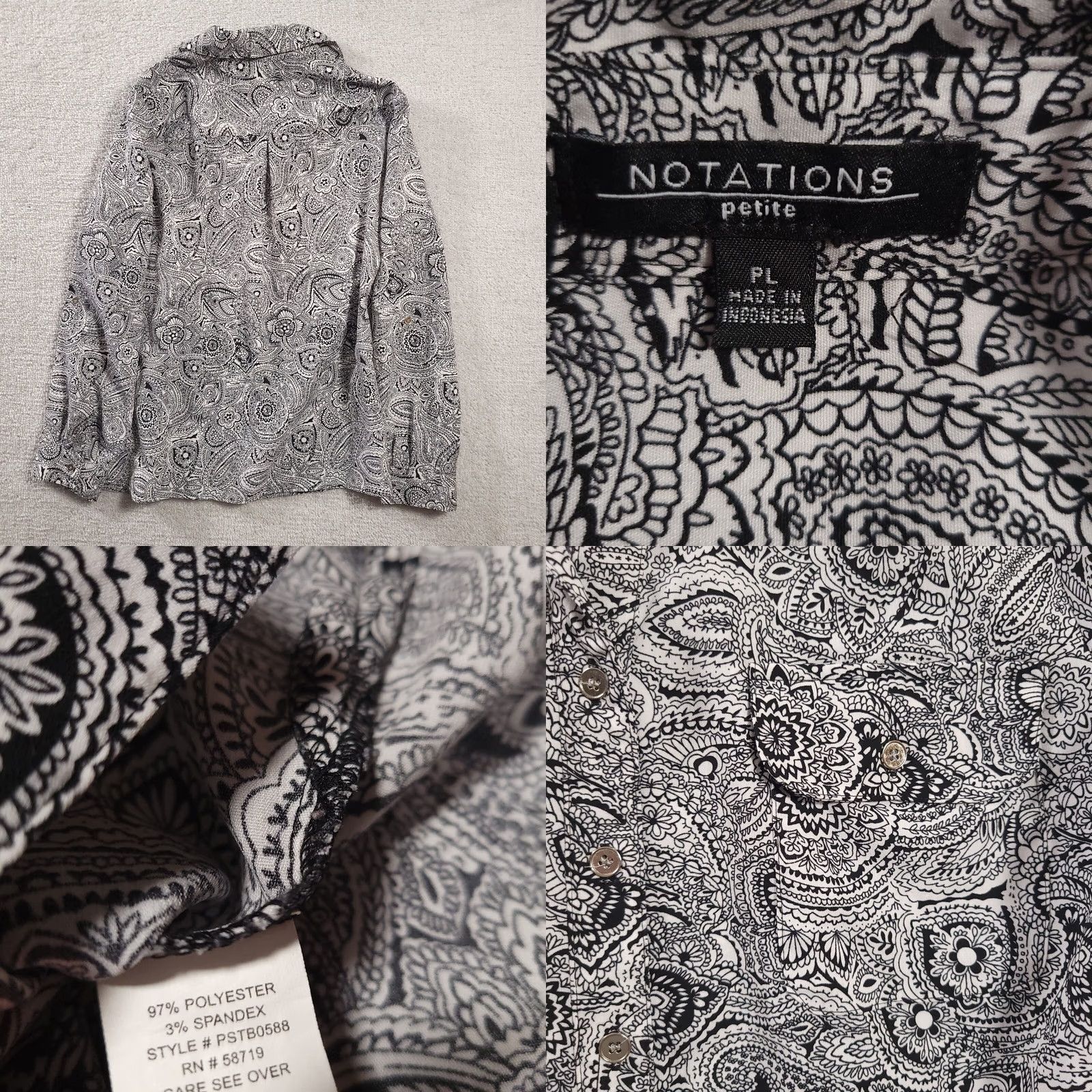 Vintage Notations Button Up Shirt Women's PL Petite Black White Floral Career Roll Tab Blouse Pockets Size L / US 10 / IT 46 - 8 Thumbnail