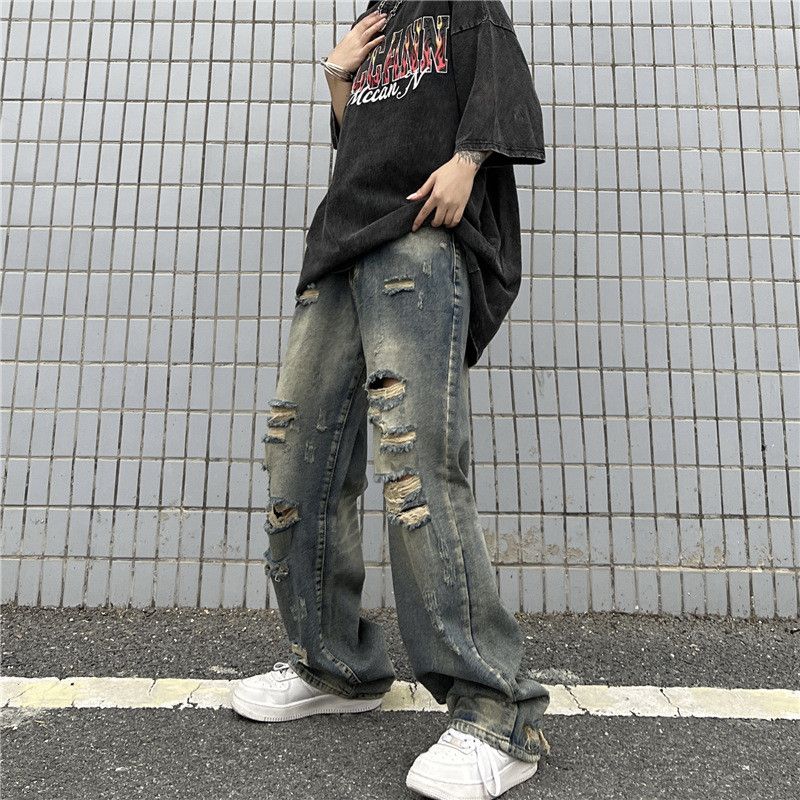 Japanese Brand Street retro ripped loose casual straight leg washed jeans Size US 32 / EU 48 - 3 Thumbnail