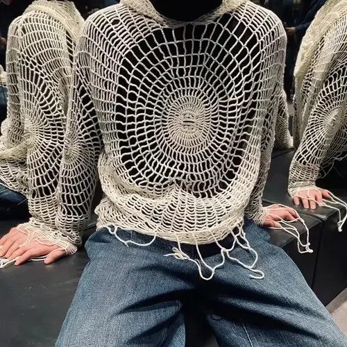VIBE Y2K Spider Web with Holes Hooded Pullover Knitted Sweater Size US XL / EU 56 / 4 - 2 Thumbnail