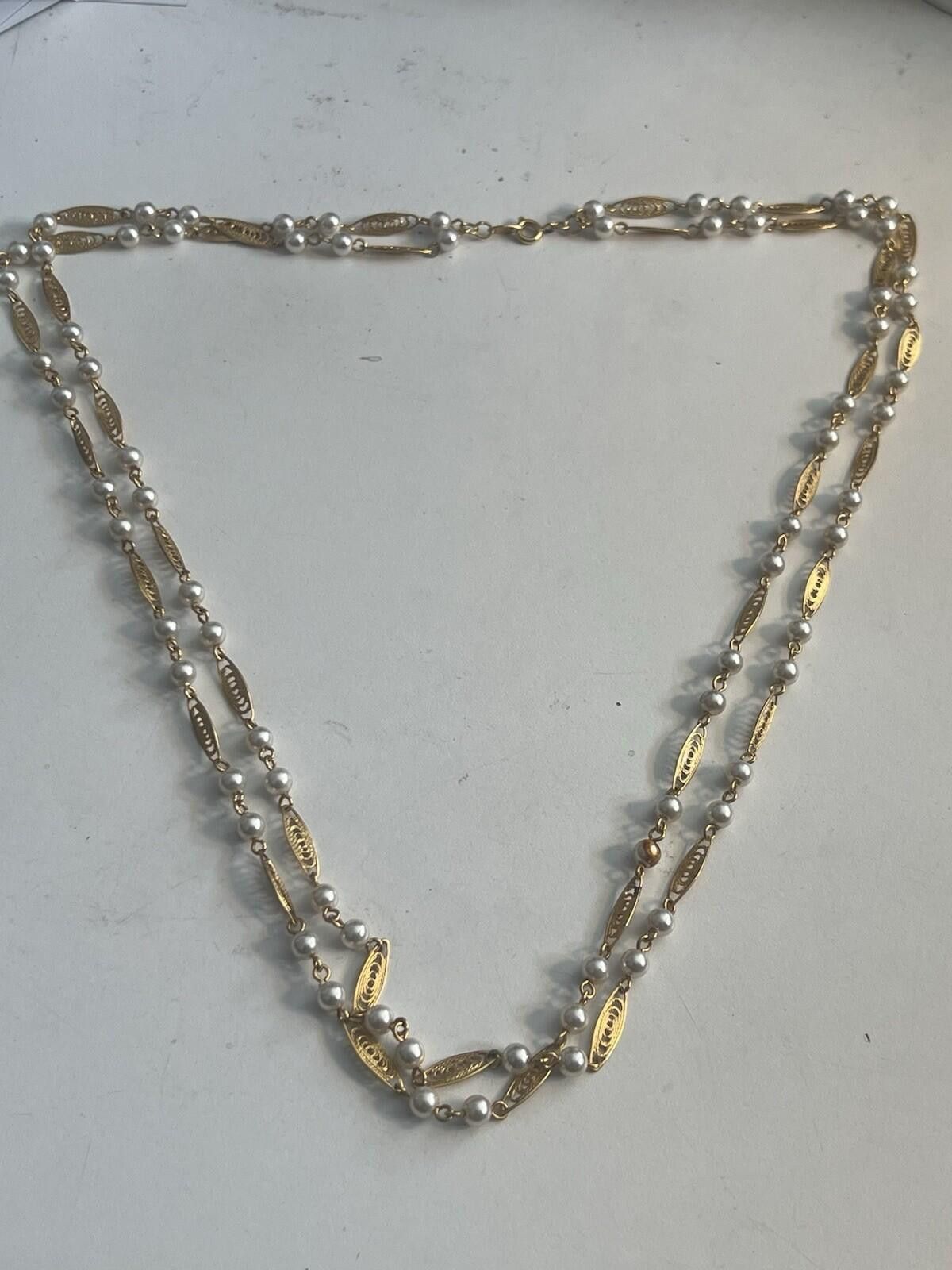Other vtg Trifari Stamped Gold Tone Faux Pearl Necklace Double Han Size ONE SIZE - 3 Thumbnail