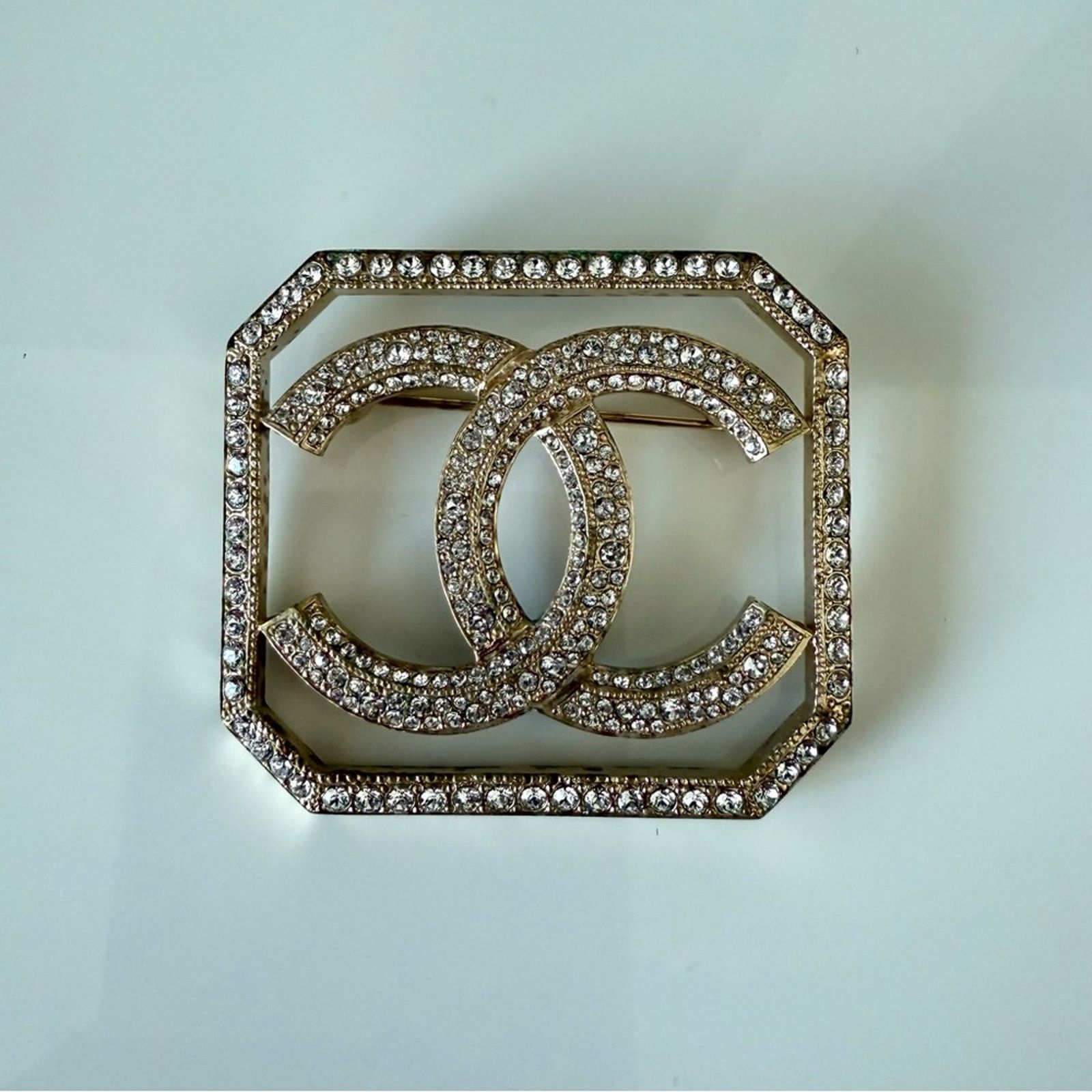 CHANEL square gold brooch with crystals Authentic