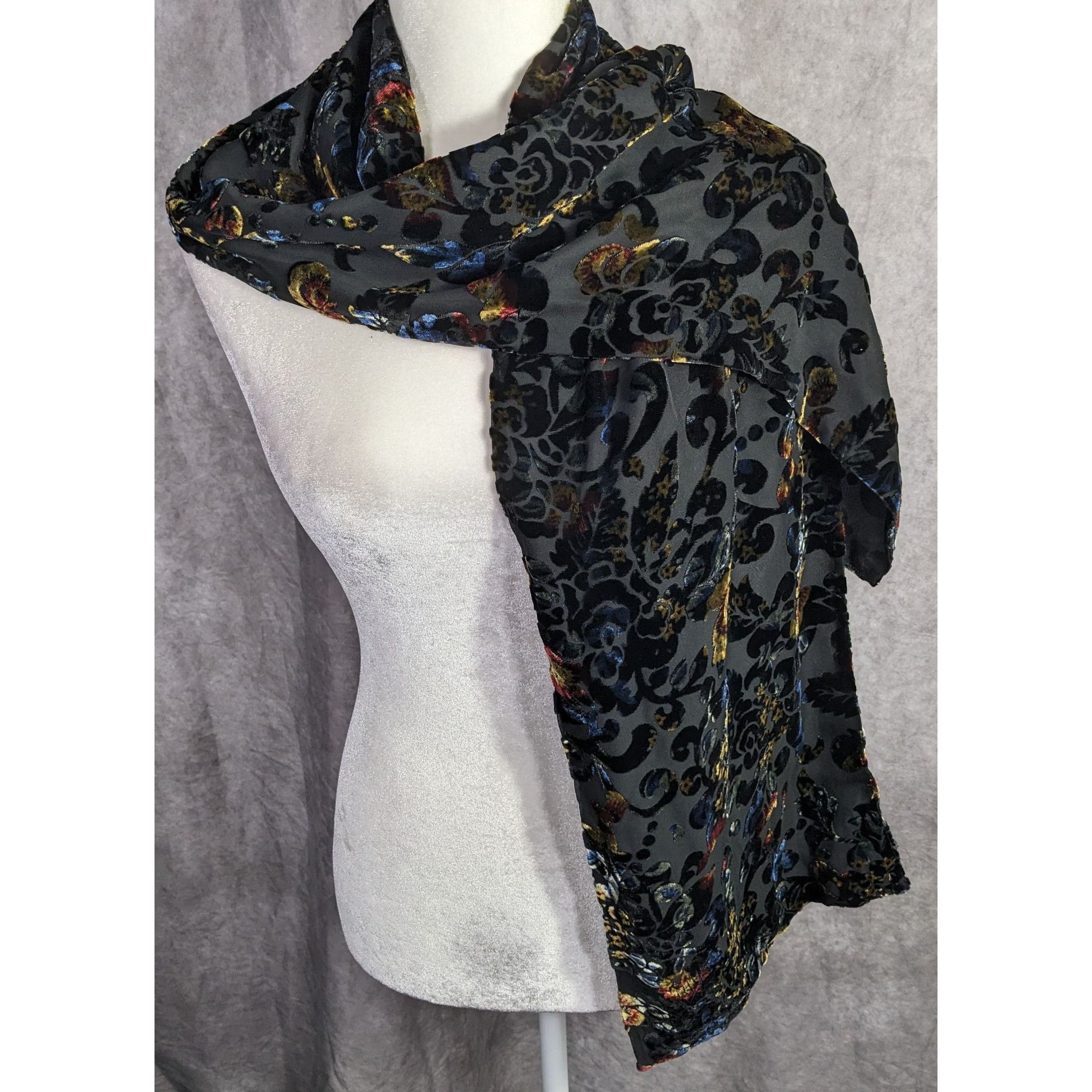 Other Vintage Dark Rainbow Burnt Velvet Floral Scarf Size ONE SIZE - 12 Thumbnail