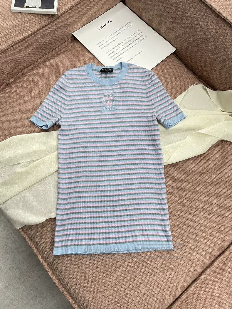 Chanel Chanel 25B pink blue striped cashmere short sleeves Size XS / US 0-2 / IT 36-38 - 1 Thumbnail