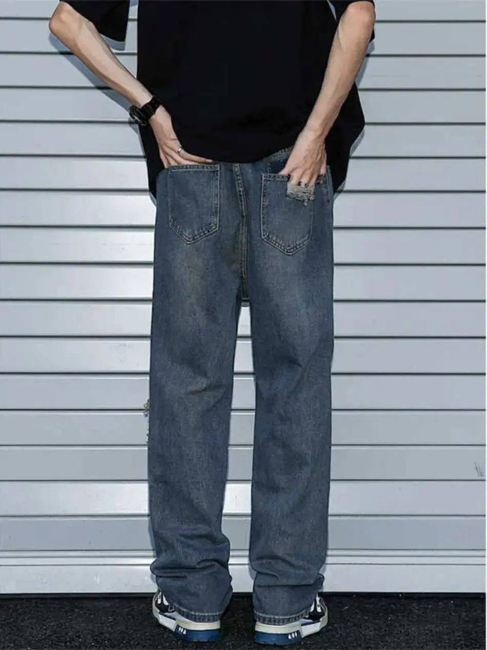 Japanese Brand Straight fit wide leg ripped jeans Size US 32 / EU 48 - 3 Thumbnail