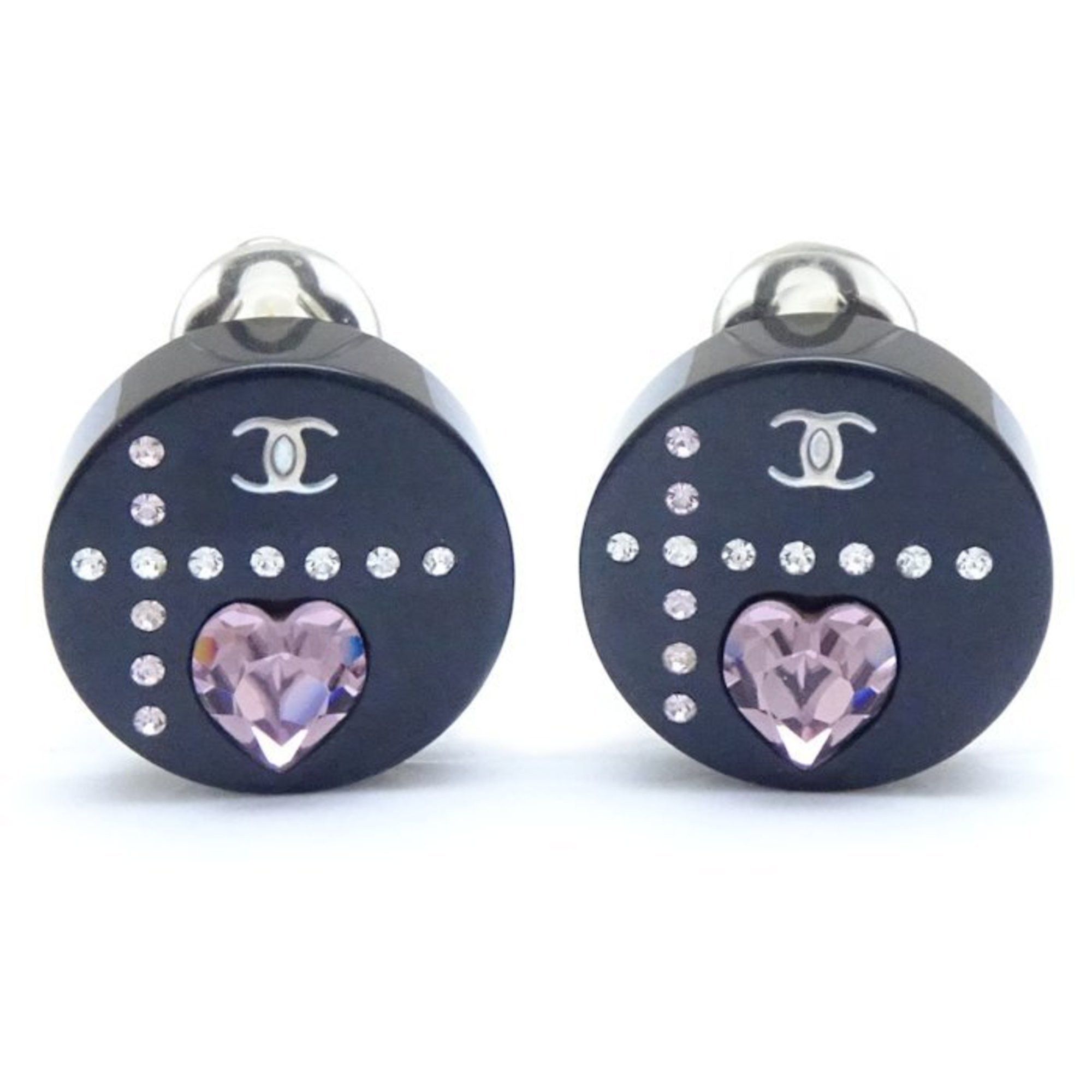 image of Chanel Cocomark Heart Earrings 04A Rhinestone Black Plastic 290954, Women's