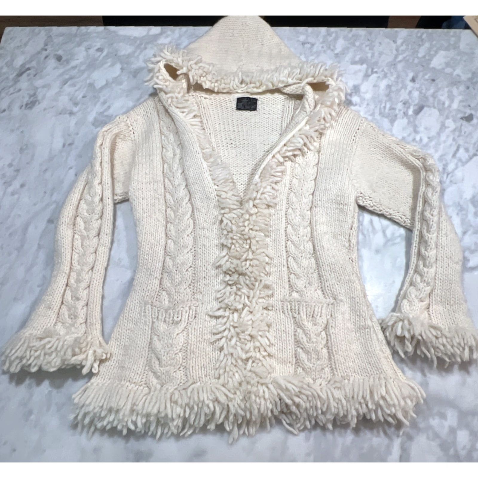 Native VINTAGE Native Knit Hood Full Zip Wool Sweater Women M Chunky Fisherman Fringe Size M / US 6-8 / IT 42-44 - 2 Thumbnail
