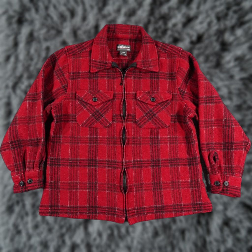 VINTAGE Woolrich Jacket Womens L Red Plaid Wool Blend Zip Up Field Lodge Coat 14578