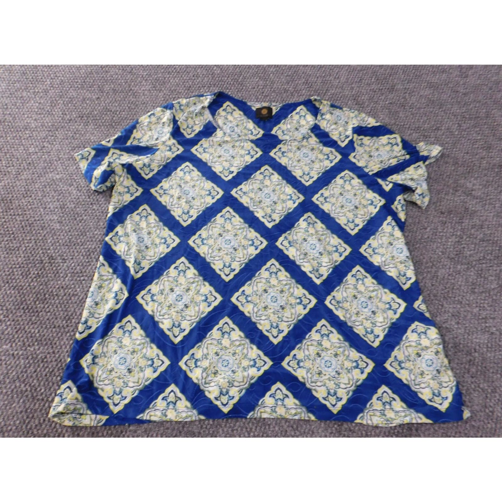 JM Collection JM Collection Blouse 2X Womens Blue Geometric Floral Stretch Knit Crew Neck Pullover Casual Shirt Top Polyester Plus Size Obvious Designer Style Size XXL / US 16-18 / IT 52-54 - 2 Thumbnail