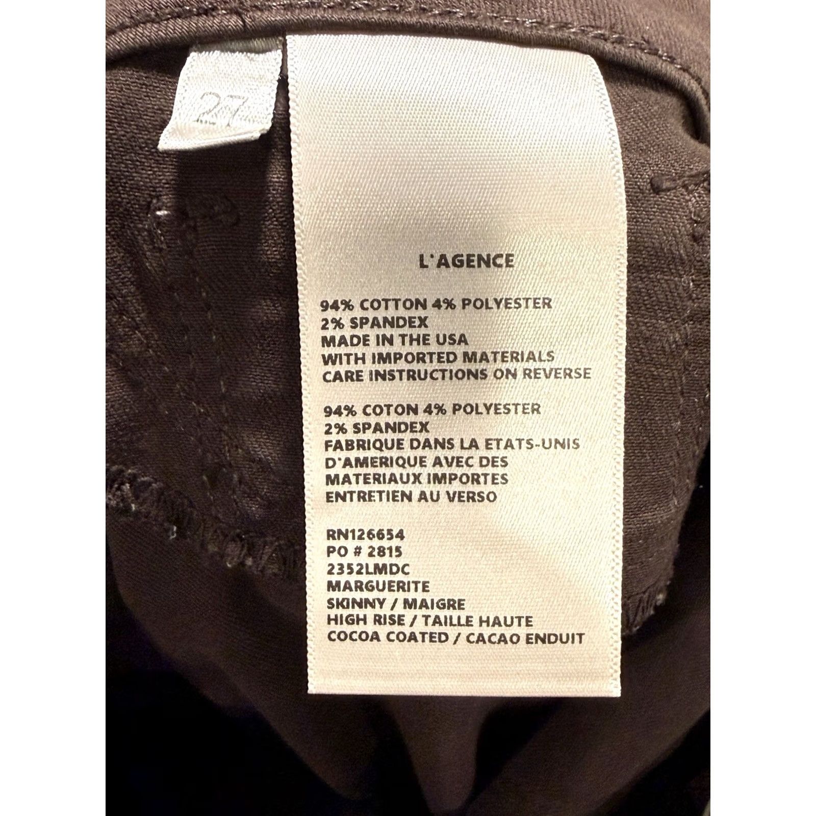 L'AGENCE L Agence Jeans Skinny Womens High Rise Coated Marguerite Cocoa Brown 27 Inseam 27.5 Zip Button Stretch Slimming City Season Fall Winter Spring Size 27" / US 4 / IT 40 - 6 Thumbnail