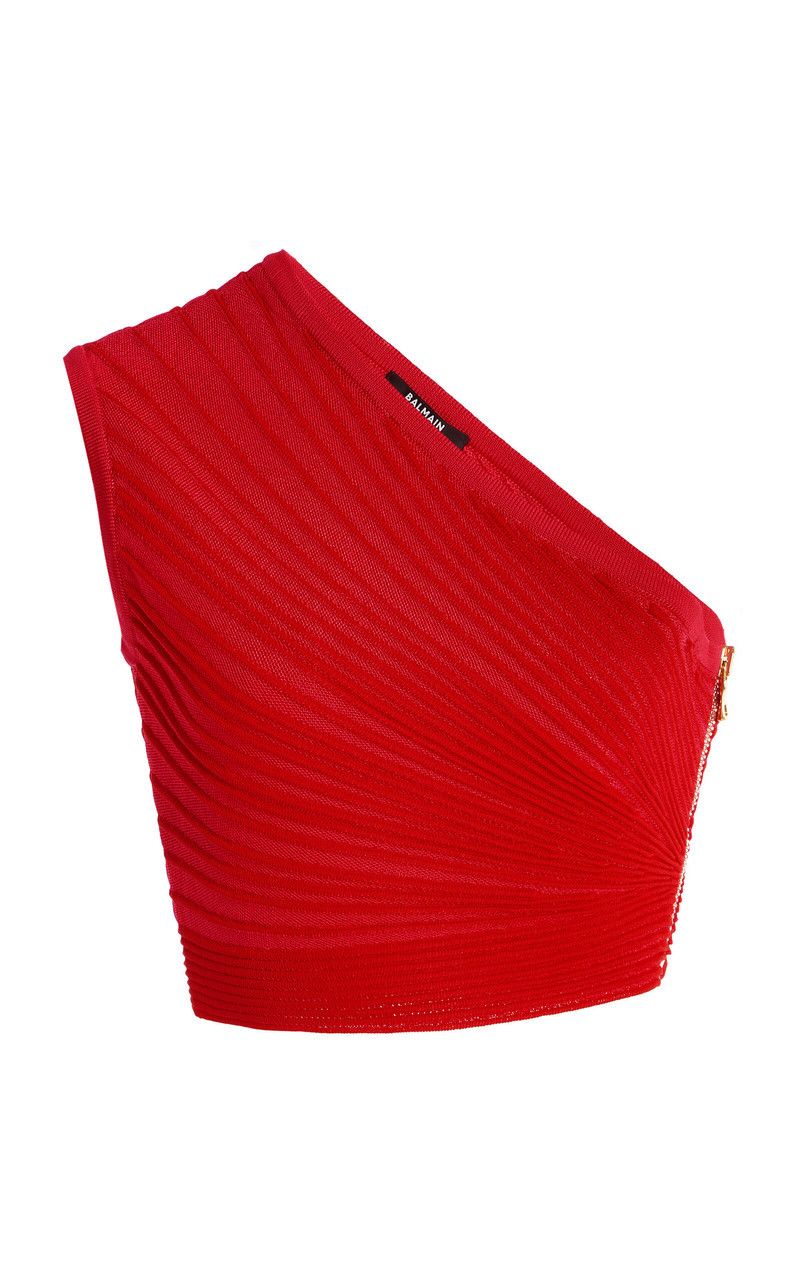 Balmain o1s1wg110526 One-Shoulder Knit Cropped Top in Red Size M / US 6-8 / IT 42-44 - 1 Thumbnail