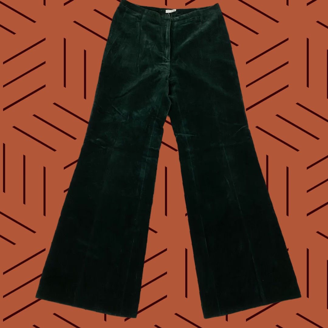 Vintage VINTAGE 1970s T.JONES Velour High Rise Zip Bell Bottom Pants Women’s 29x31 Forest Green Hippy Boho Size 29" - 1 Thumbnail