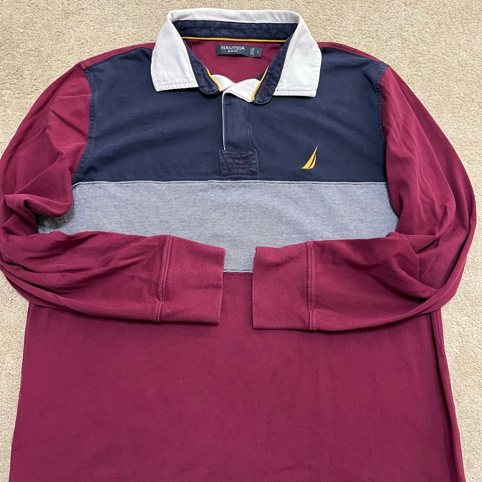 Nautica Nautica Slim Fit Burgundy/Navy Blue Long Sleeve Rugby Polo L Size US L / EU 52-54 / 3 - 1 Thumbnail