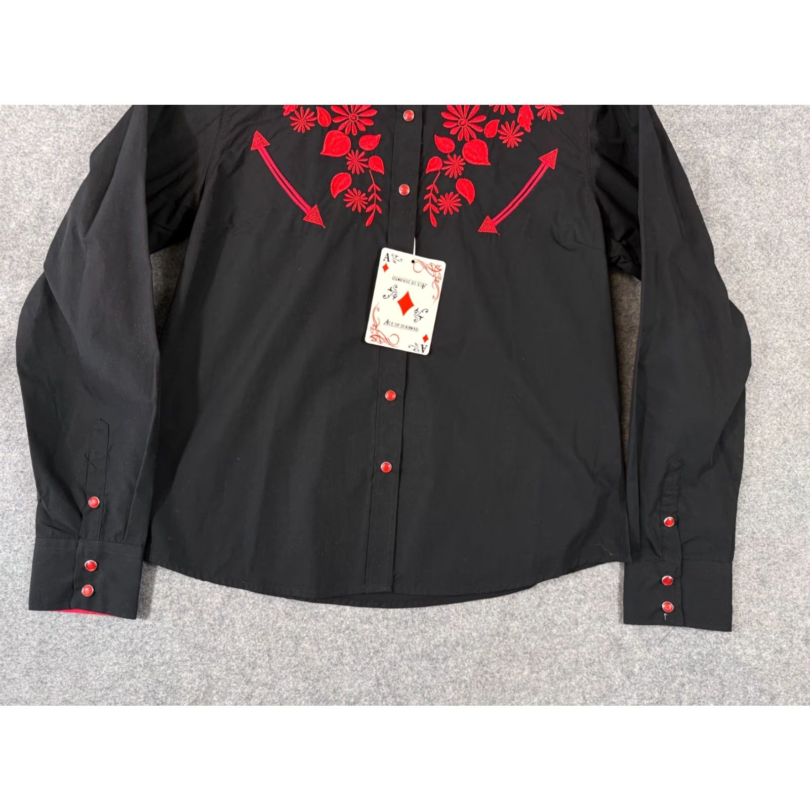 Vintage Ace of Diamond Western Shirt Womens L Black Floral Embroidered Pearl Snap NWT Size L / US 10 / IT 46 - 4 Thumbnail