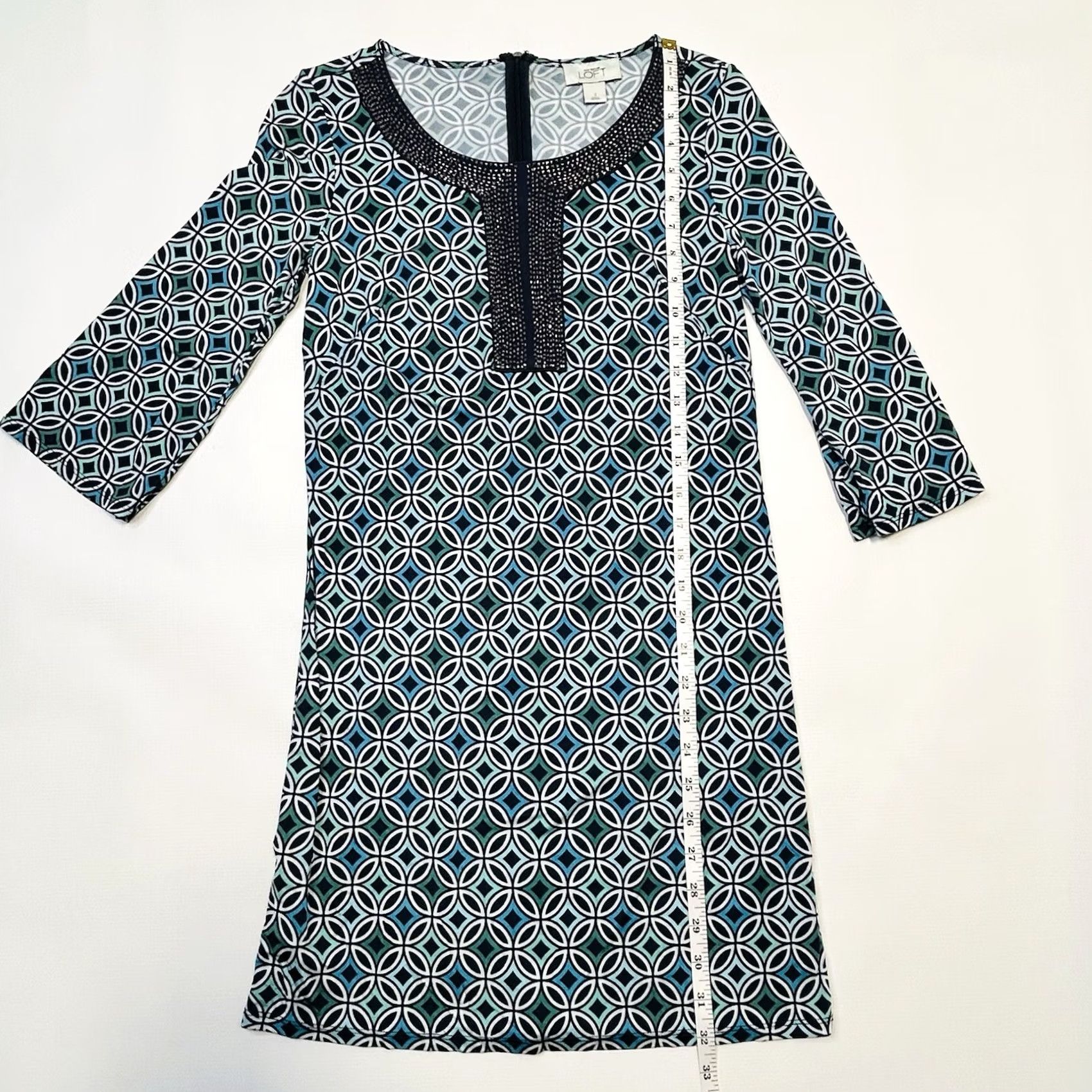 Loft LOFT Geometric Blue Sheath Dress Womens Size 2 Beaded Neckline 3/4 Sleeve Short Dress Lightweight Rayon Vintage No Size XS / US 0-2 / IT 36-38 - 7 Thumbnail