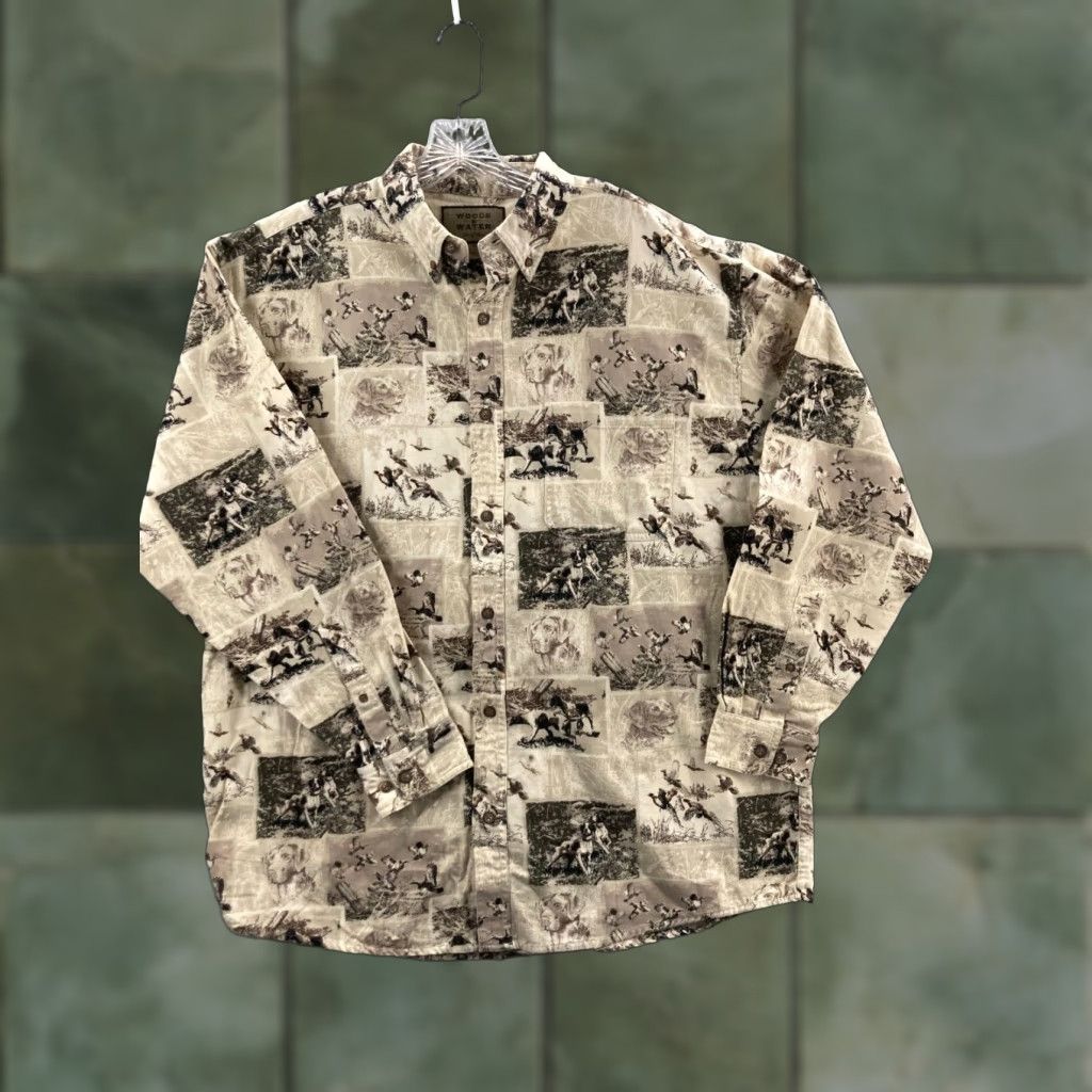 Vintage AND Woods & Water Shirt Mens XL Beige Button-Down Long Sleeve Cotton Fish AOP Vintage No N/A Mens XL Beige Button-Down Shirt Size US XL / EU 56 / 4 - 1 Thumbnail