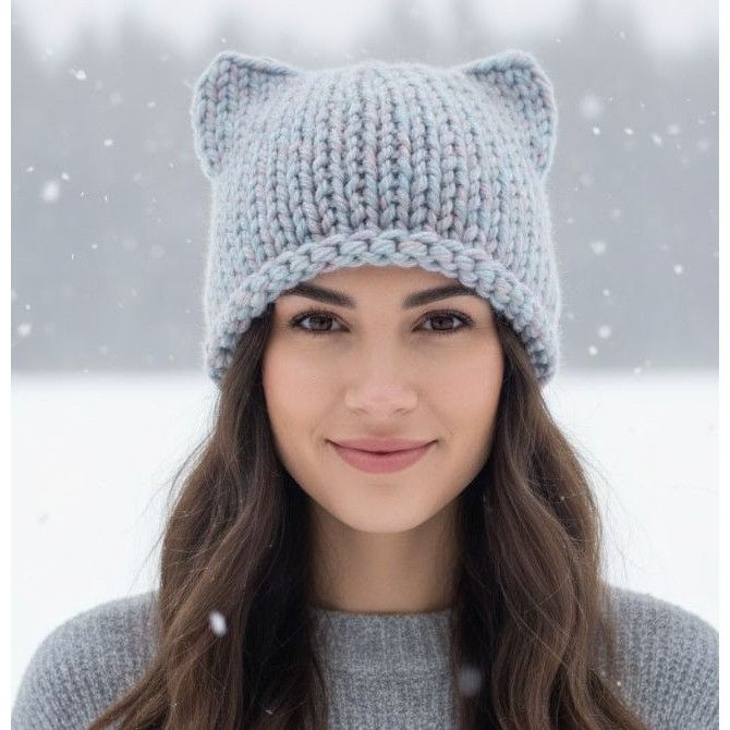 Handmade ❤️Unisex Adult Chunky Knit Cat Ear Beanie Hat Blue Handmade Size ONE SIZE - 1 Thumbnail