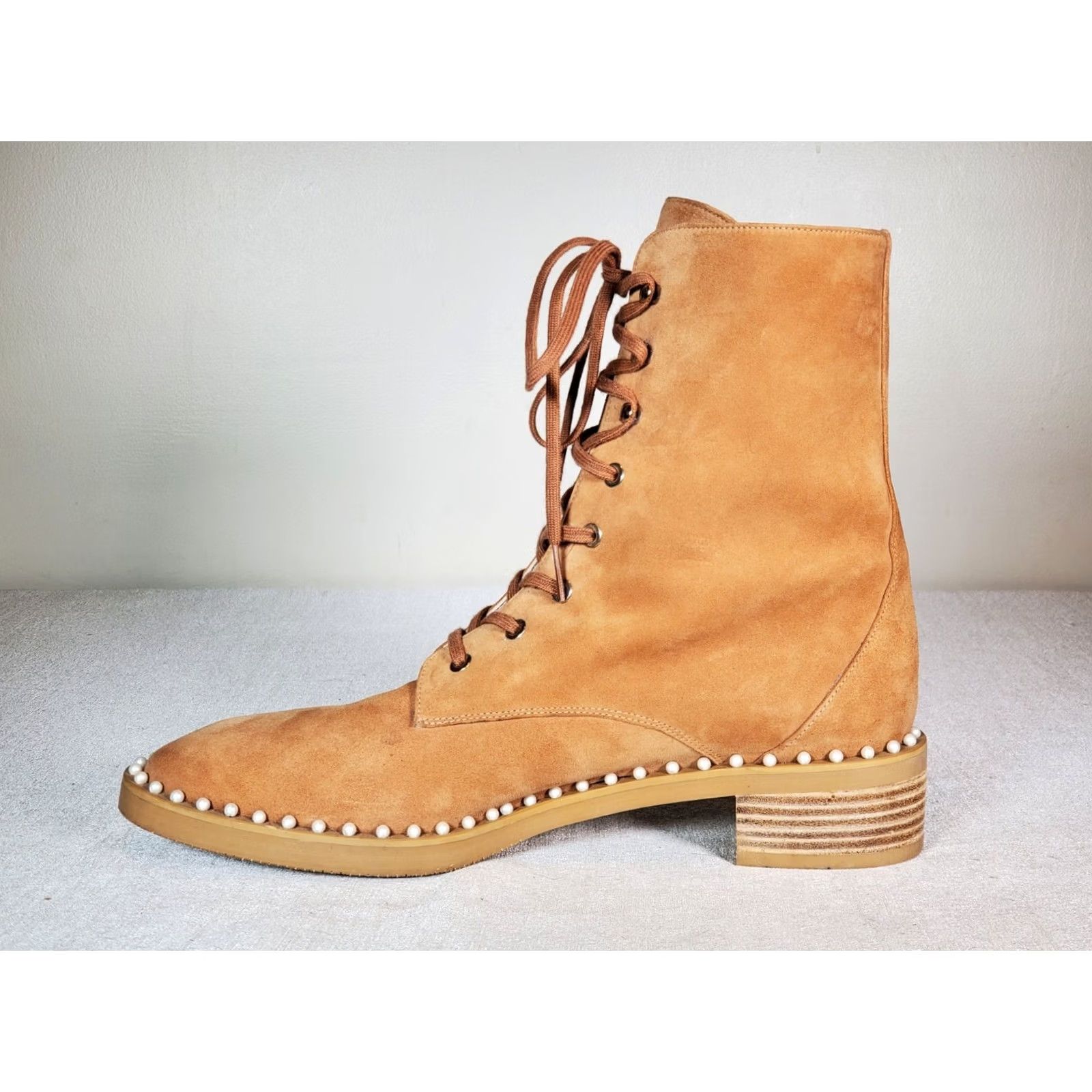 Stuart Weitzman Stuart Weitzman Sondra Pearl Embellished Suede Combat Boots Women's US 11.5 B Tan Leather Lined Lace Up Round Toe, Platform/City, EUC Size US 12 / IT 42 - 3 Thumbnail