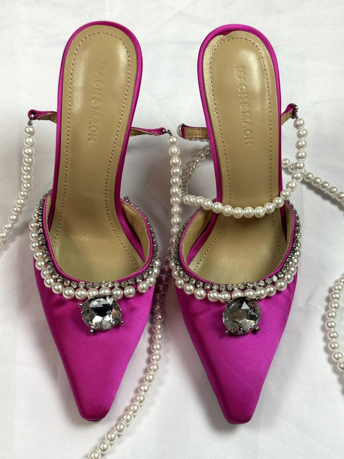 MACH & MACH Crystal Embellished Leather / Satin Pumps Pearl Lace Ties 38 Size US 7 / IT 37 - 4 Thumbnail