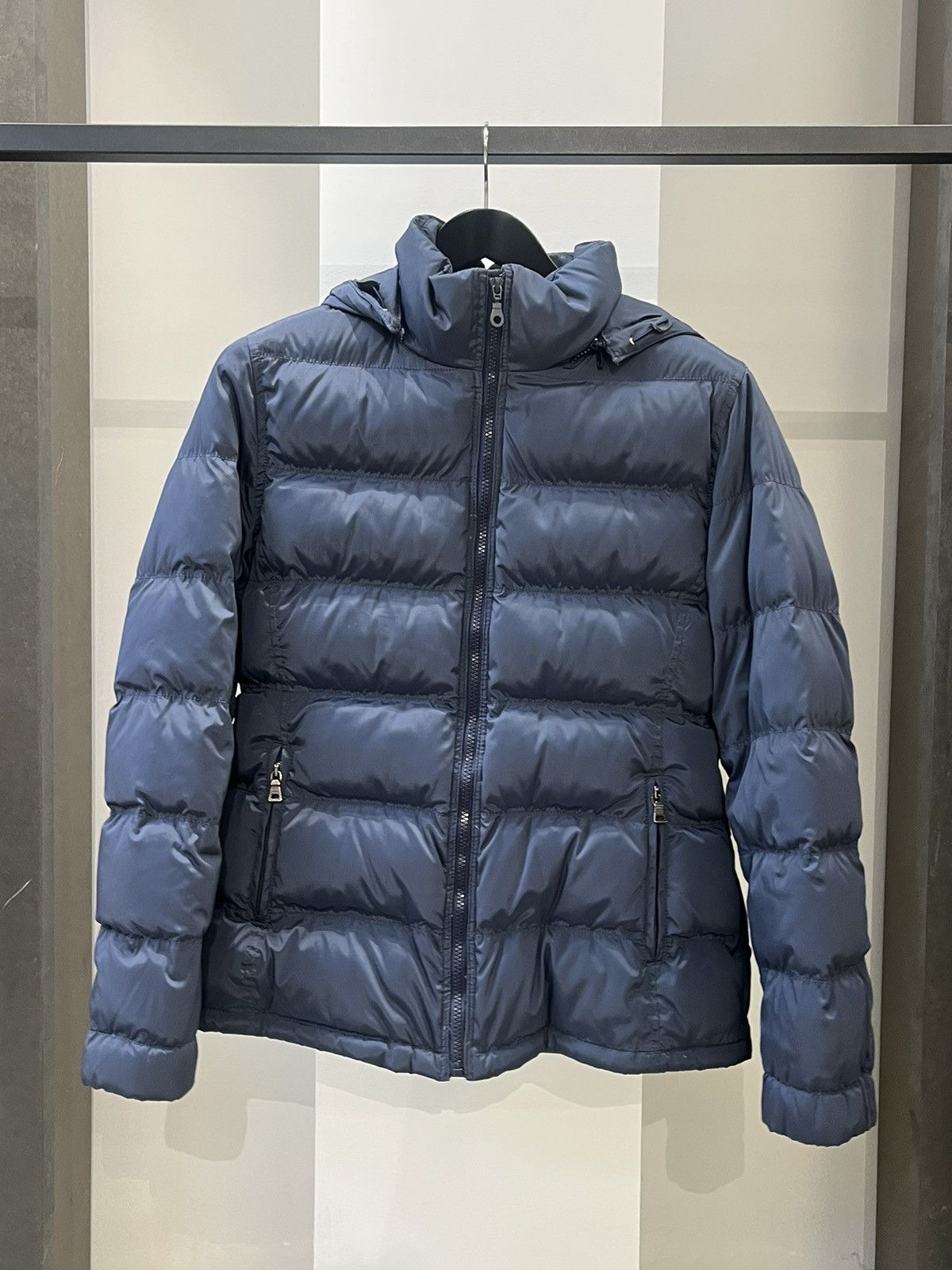 image of Prada Hooded Blue Down Jacket, Men's (Size Small)