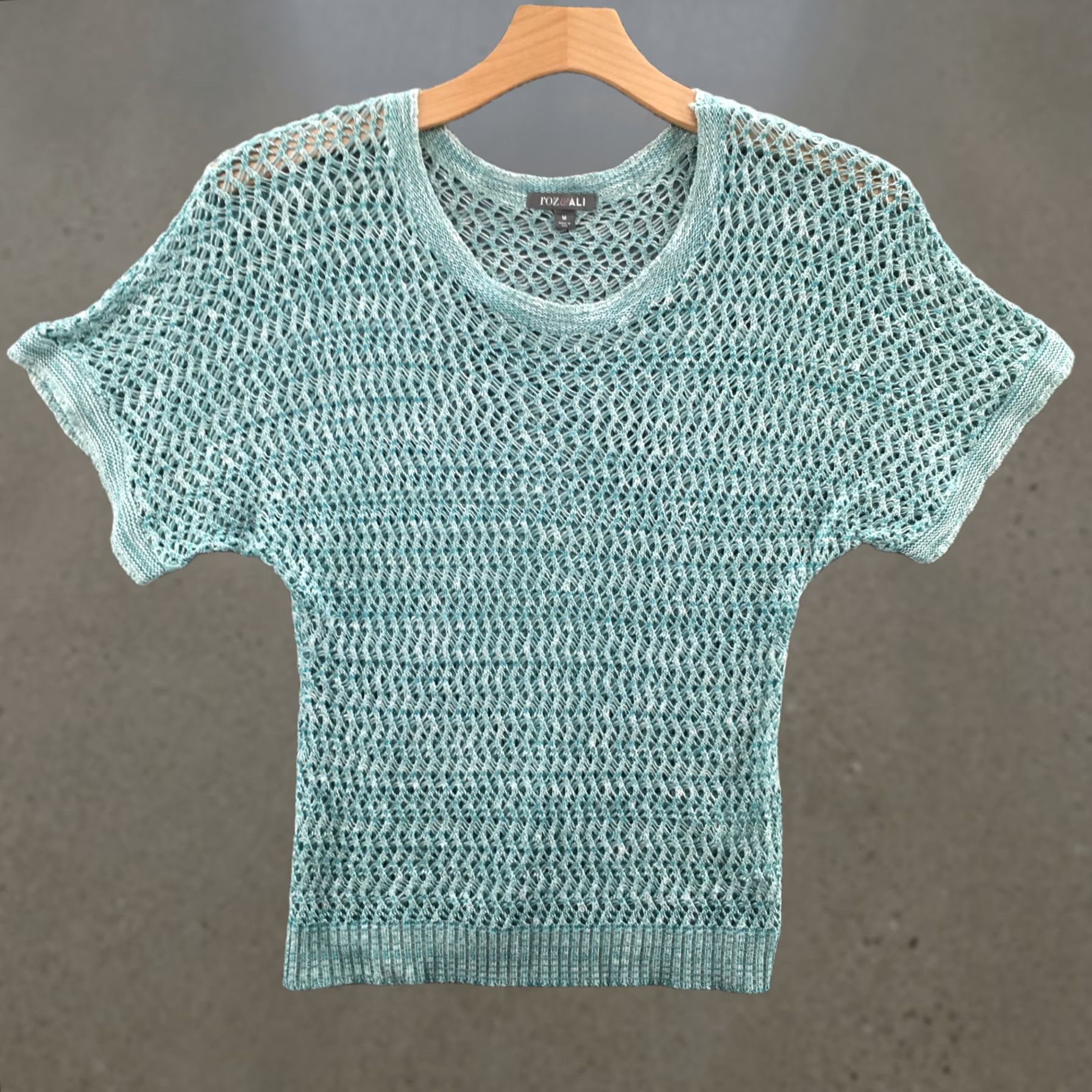 AQUA Roz & Ali Sweater Womens M Blue Sleeves Short Sleeve Open Knit Casual Shirt Top Blouse Knit Open Crochet All Seasons Lightweight Regular Size M / US 6-8 / IT 42-44 - 1 Thumbnail