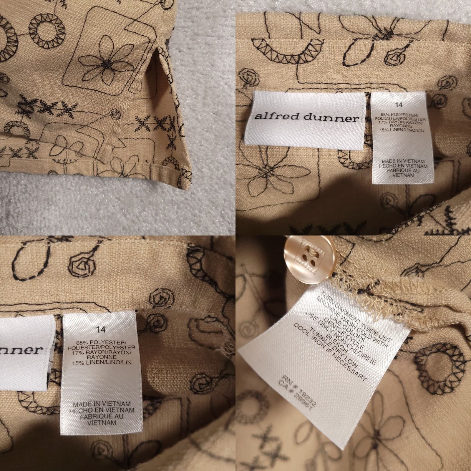 Vintage Alfred Dunner Linen Blend 3/4 Sleeve Embroidered Button Up Shirt Women's 14 Tan Beige Linen Blend Embroidered Button Up Shirt Womens 14 Tan Beige Size XL / US 12-14 / IT 48-50 - 9 Thumbnail