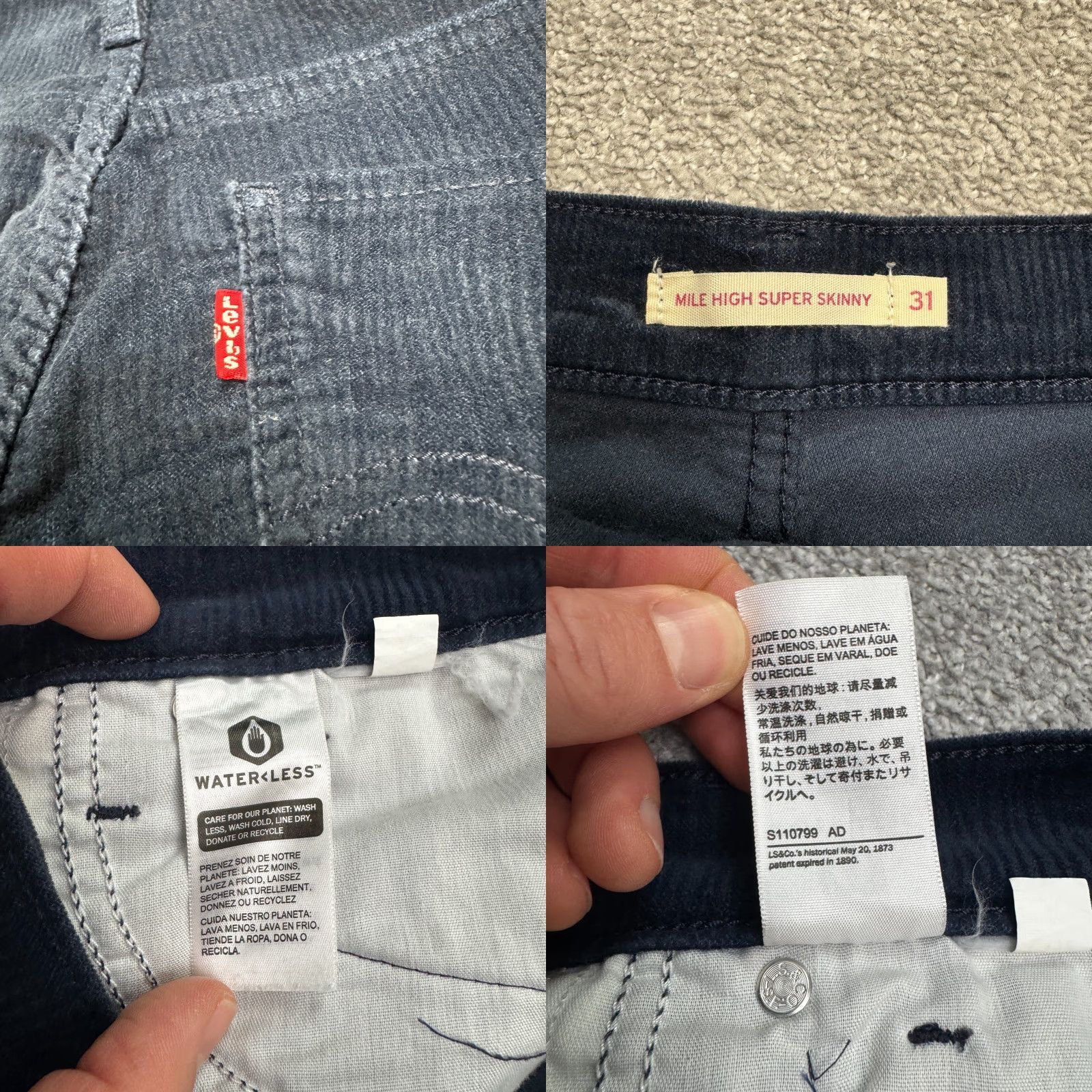 Levi's Levi's Mile High Rise Super Skinny Corduroy Pants Womens 31 Navy Blue Stretch Corduroy Levis Skinny Regular High Rise Blue 31 Womens Pants Size 24" / US 00 / IT 34 - 8 Thumbnail