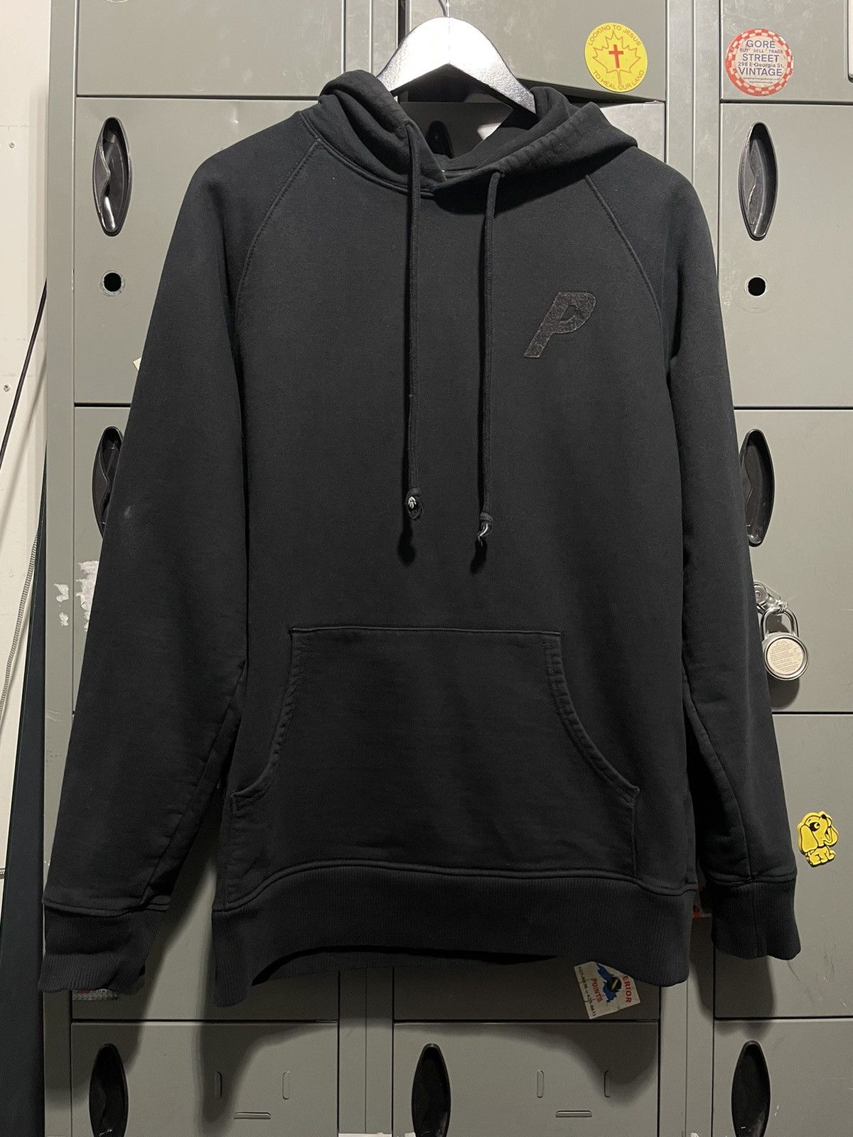 image of Palace Tri Ferg Hoodie Black On Black Velvet Distressed, Men's (Size Large)