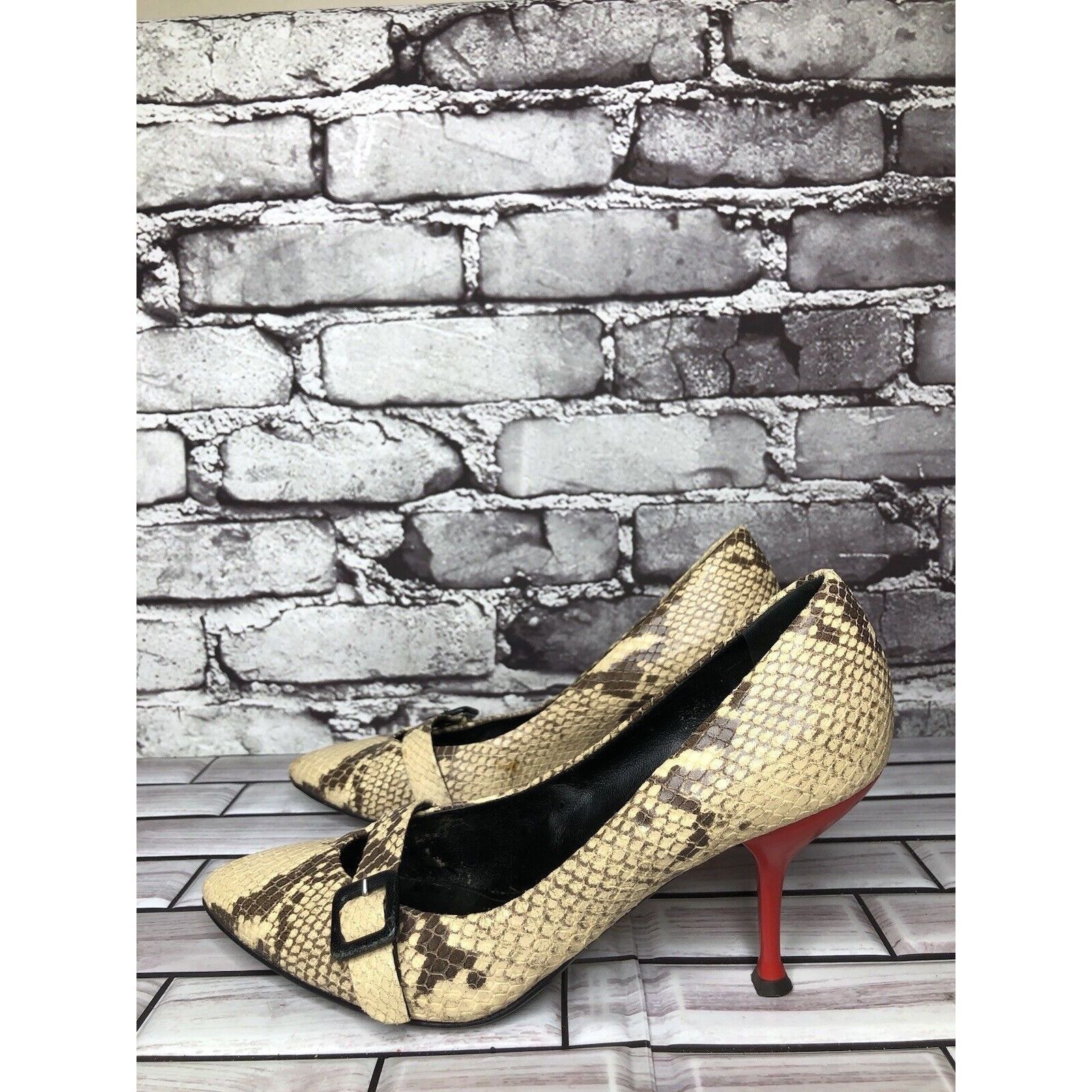 Giuseppe Zanotti Giuseppe Zanotti Cream Leather Black SnakeSkin Pointed Strap Size US 6.5 / IT 36.5 - 8 Thumbnail